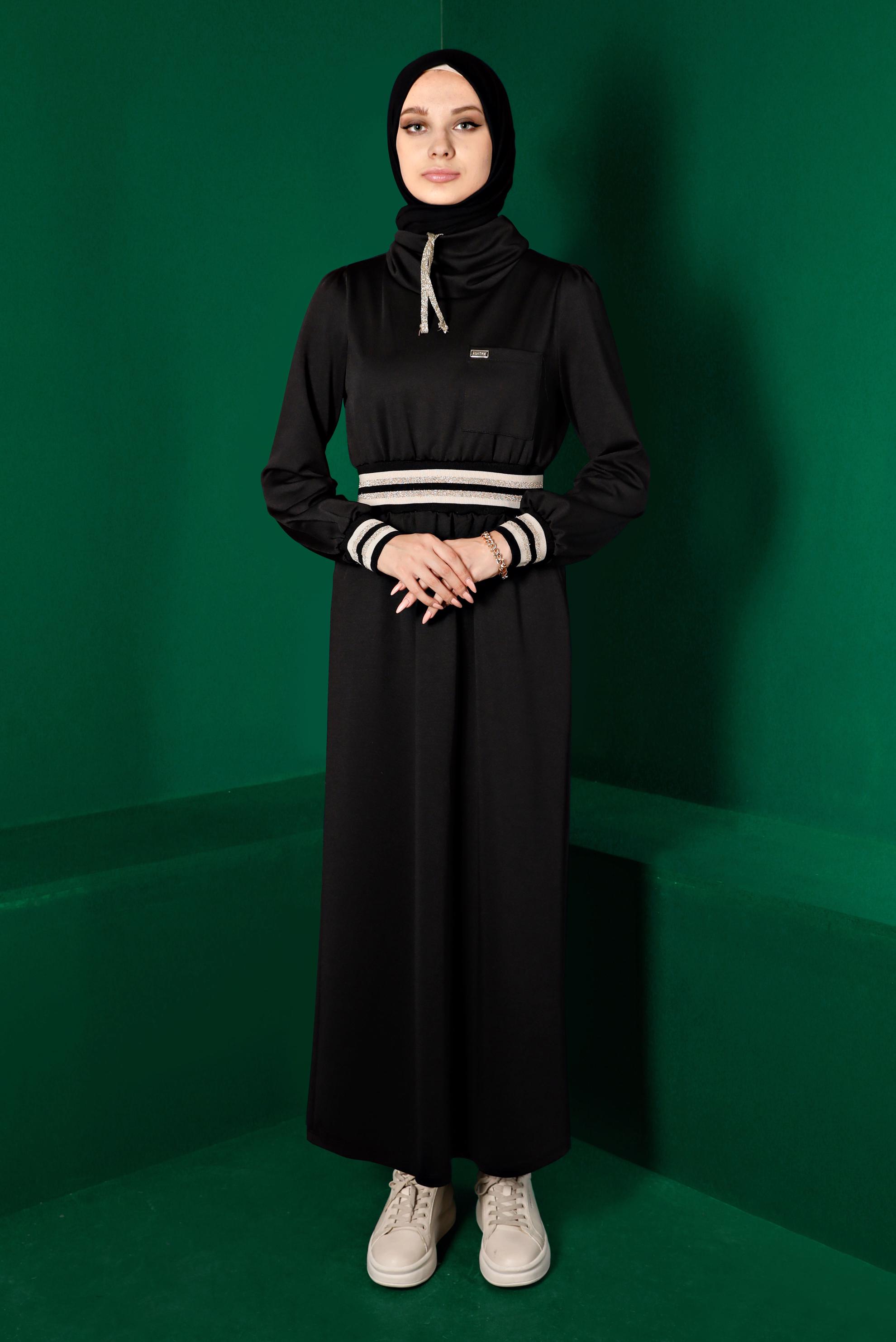 Tesettür giyim SİYAH BELİ VE MANŞETLERİ LASTİKLİ ELBİSE 43327