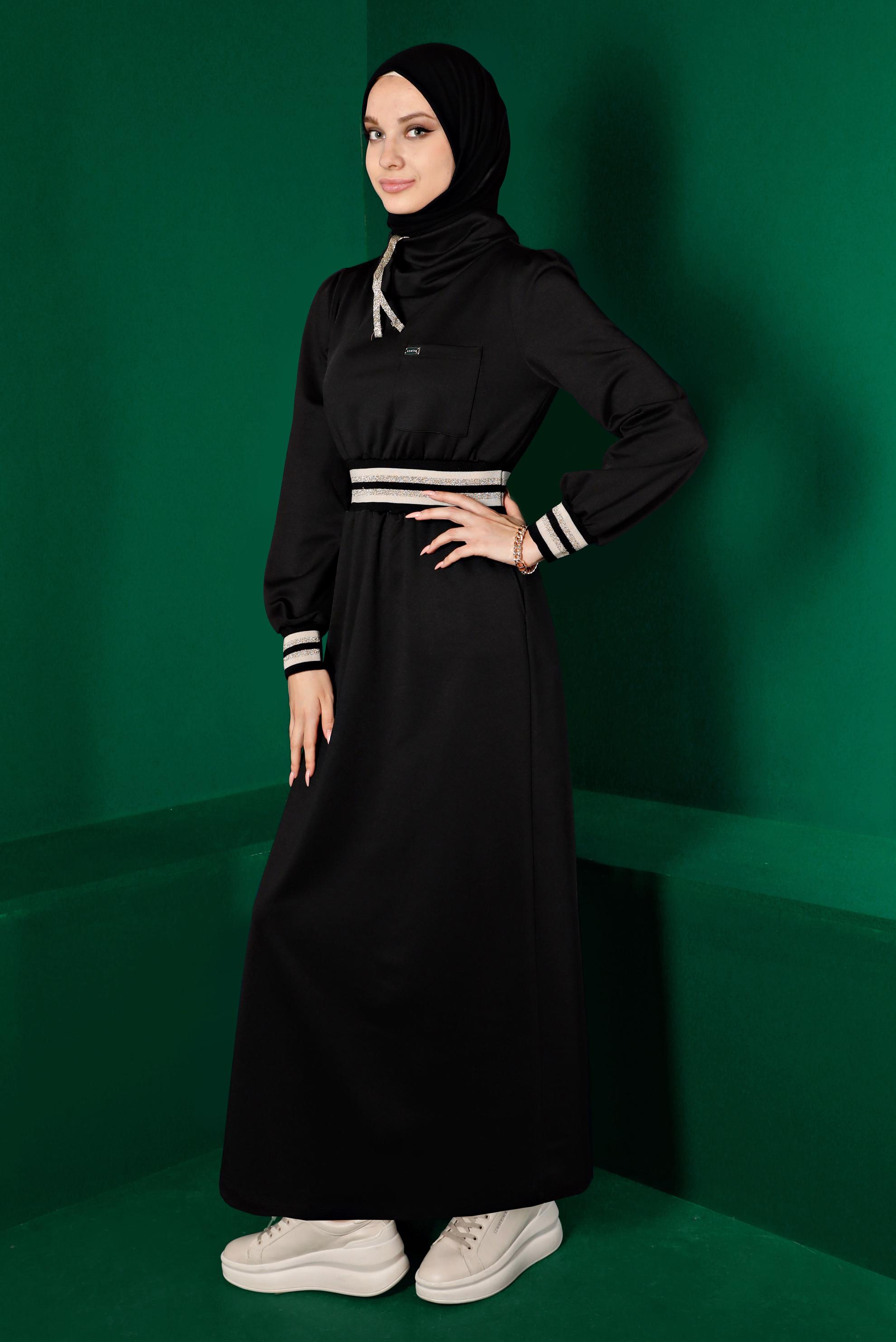 Tesettür giyim SİYAH BELİ VE MANŞETLERİ LASTİKLİ ELBİSE 43327