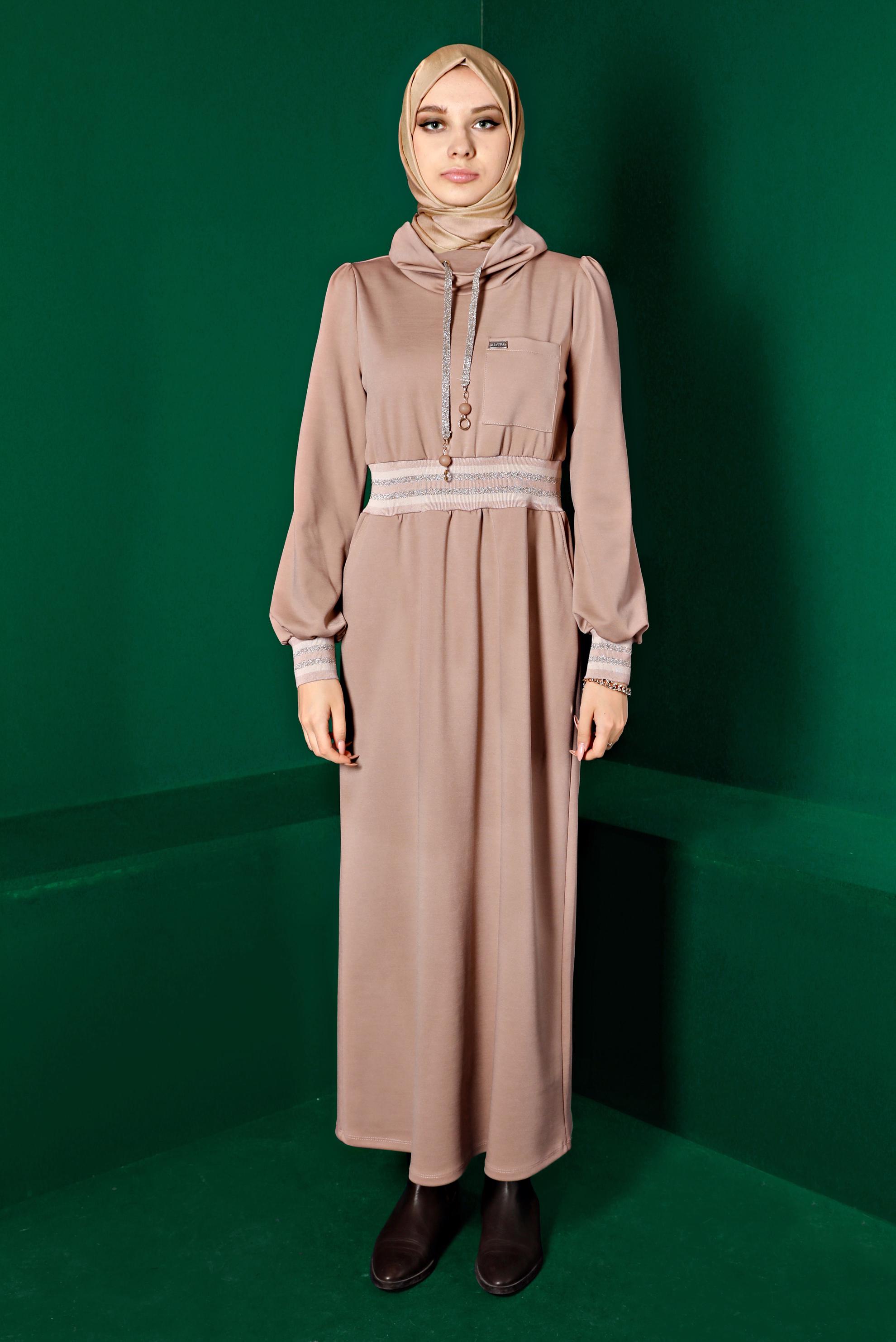 Tesettür giyim BEJ BELİ VE MANŞETLERİ LASTİKLİ ELBİSE 43327