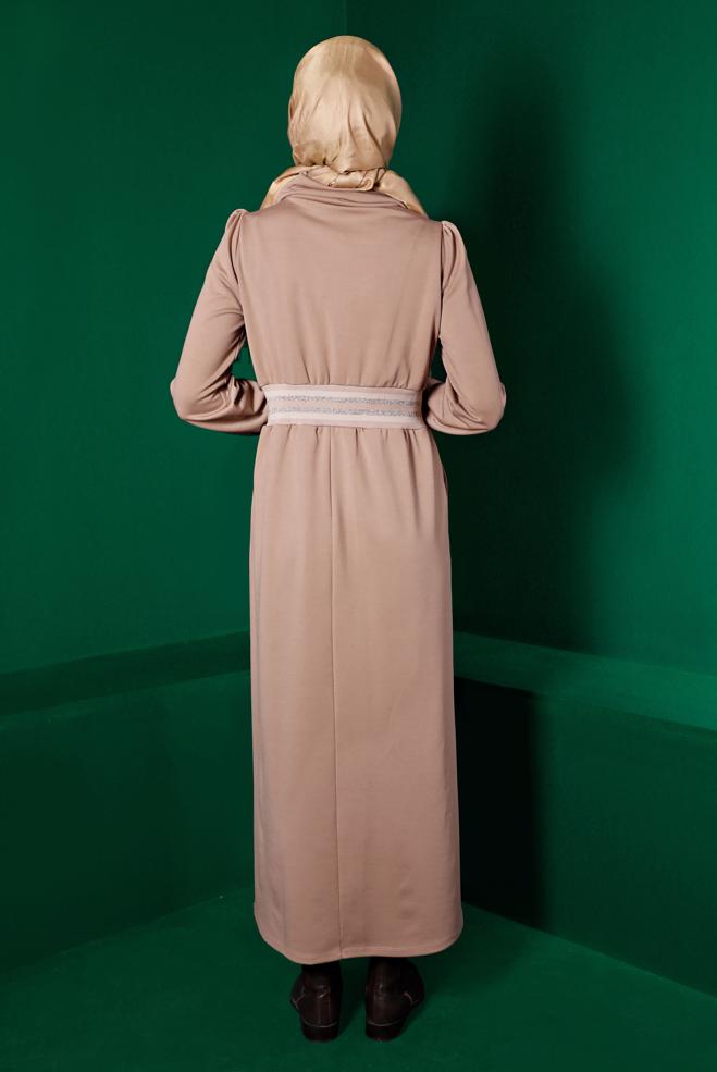 Tesettür giyim BEJ BELİ VE MANŞETLERİ LASTİKLİ ELBİSE 43327 - ALVİNA