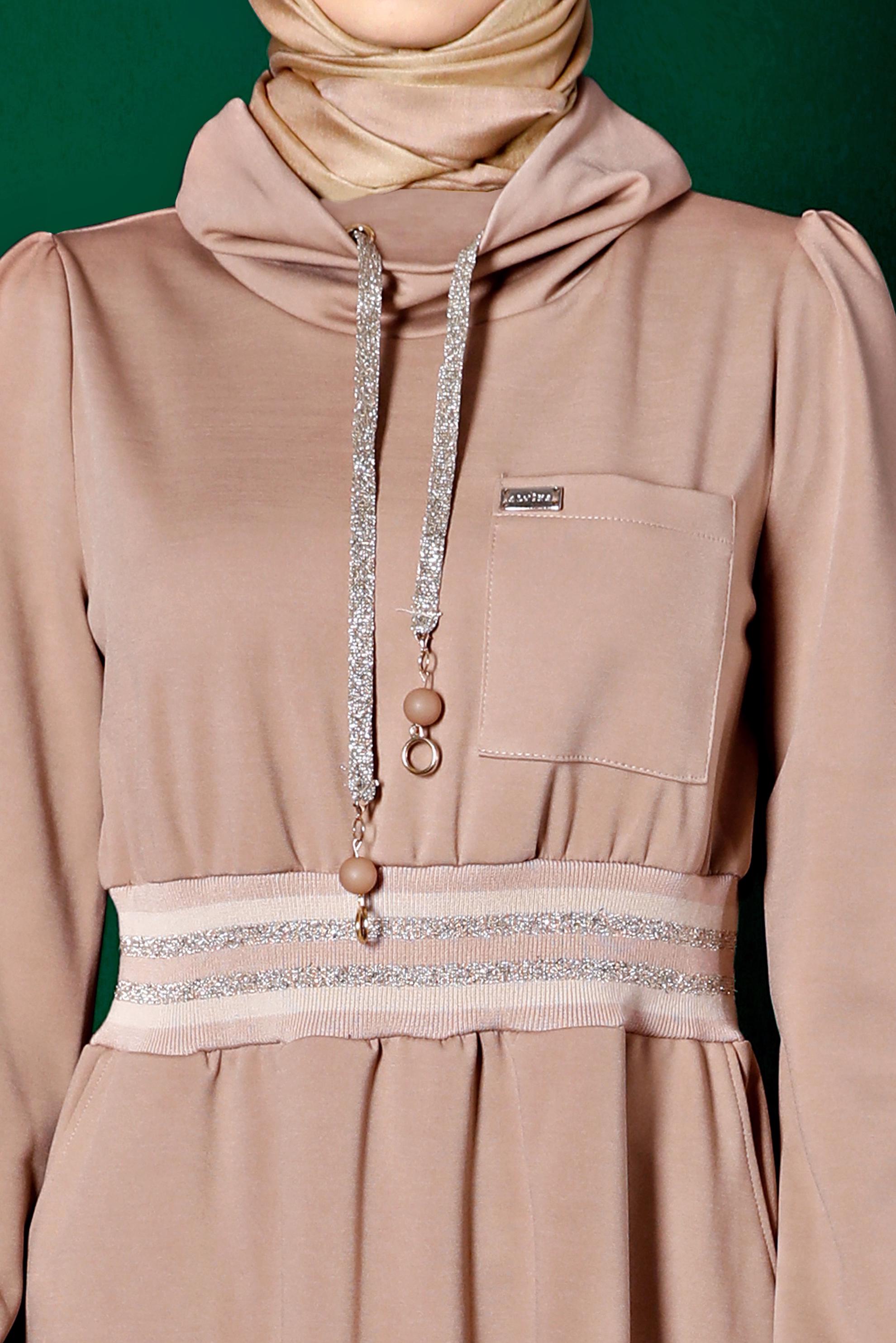 Tesettür giyim BEJ BELİ VE MANŞETLERİ LASTİKLİ ELBİSE 43327