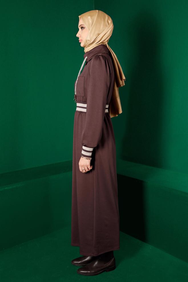 Tesettür giyim KAHVE BELİ VE MANŞETLERİ LASTİKLİ ELBİSE 43327 - ALVİNA