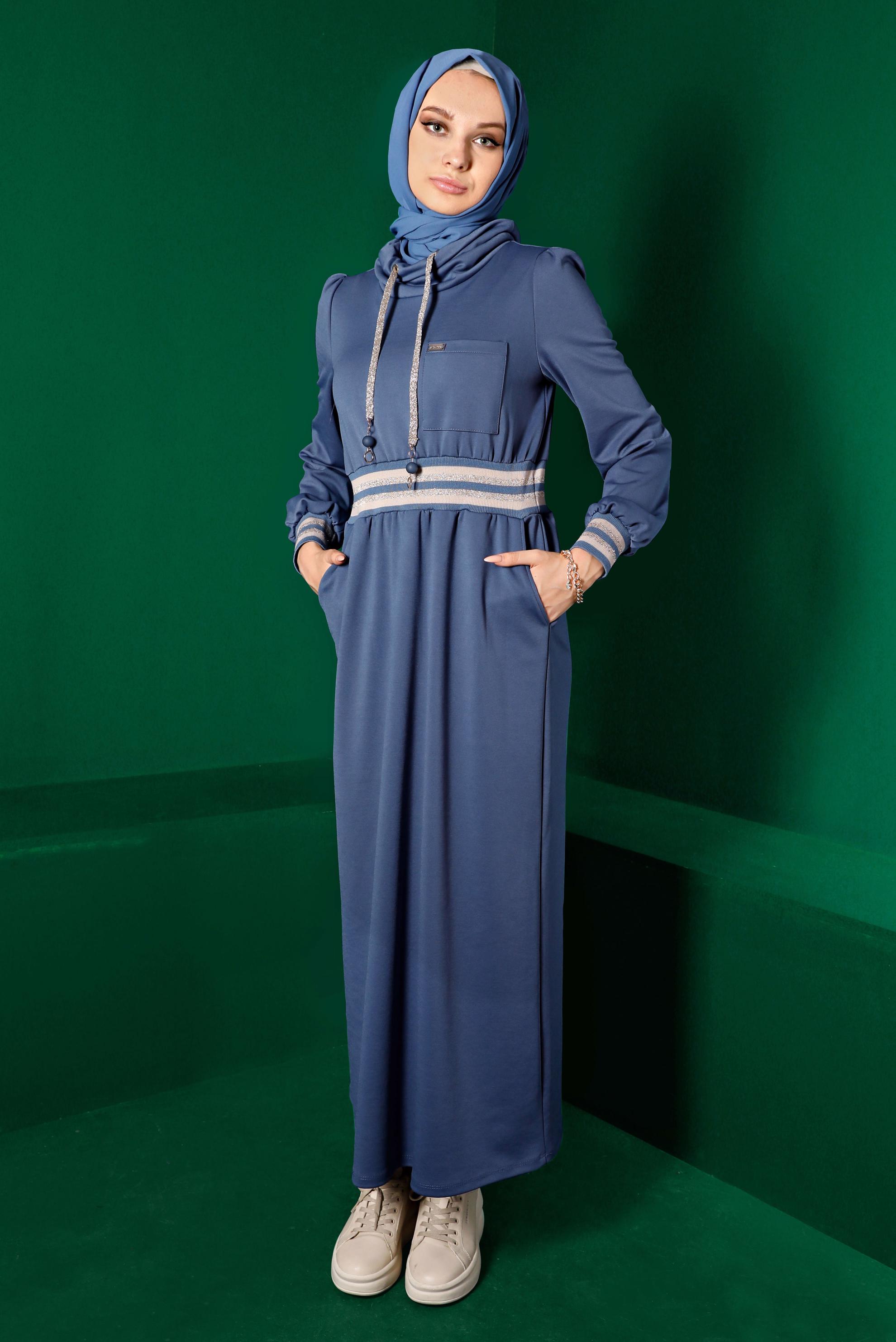 Tesettür giyim LACİVERT BELİ VE MANŞETLERİ LASTİKLİ ELBİSE 43327