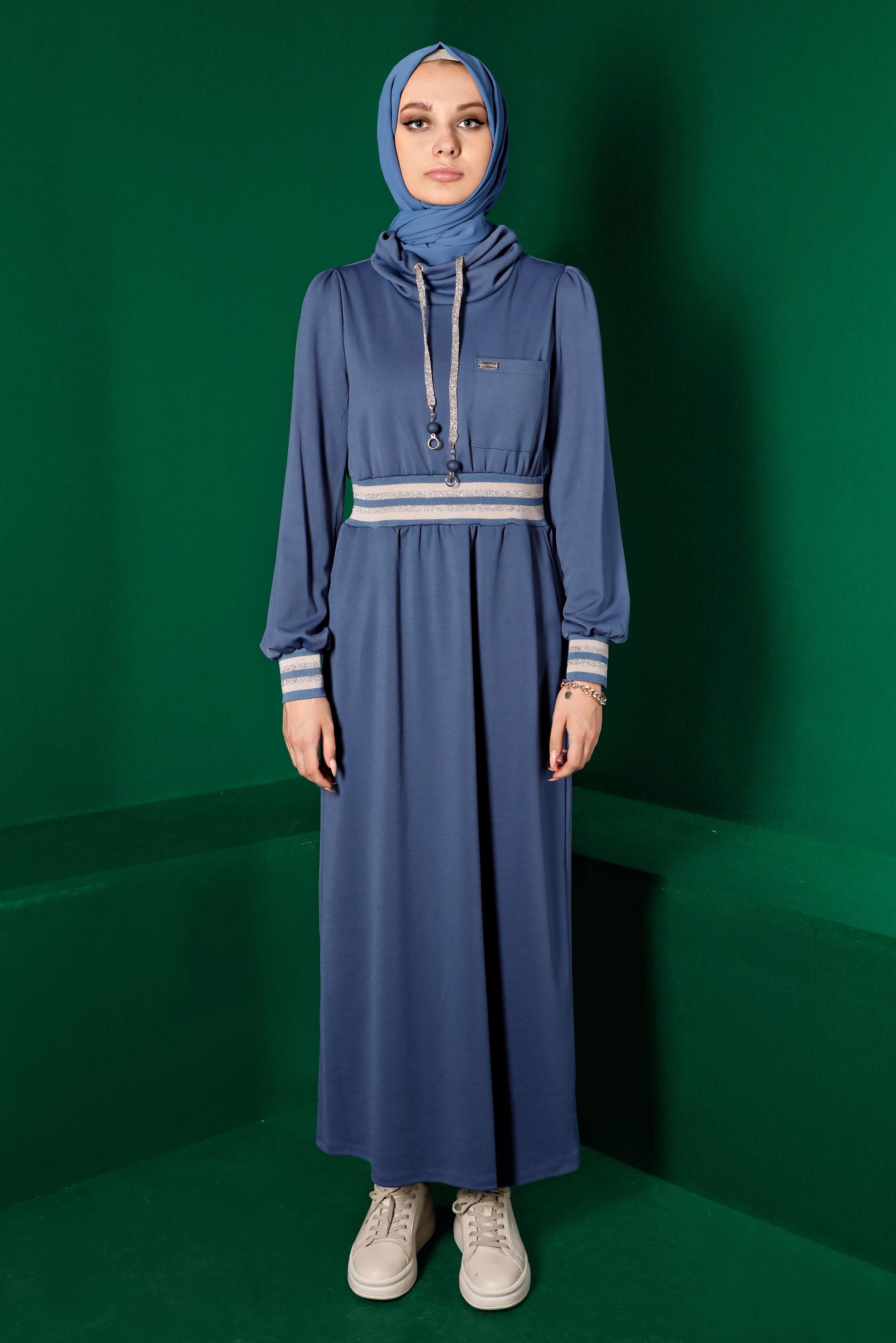 Tesettür giyim LACİVERT BELİ VE MANŞETLERİ LASTİKLİ ELBİSE 43327