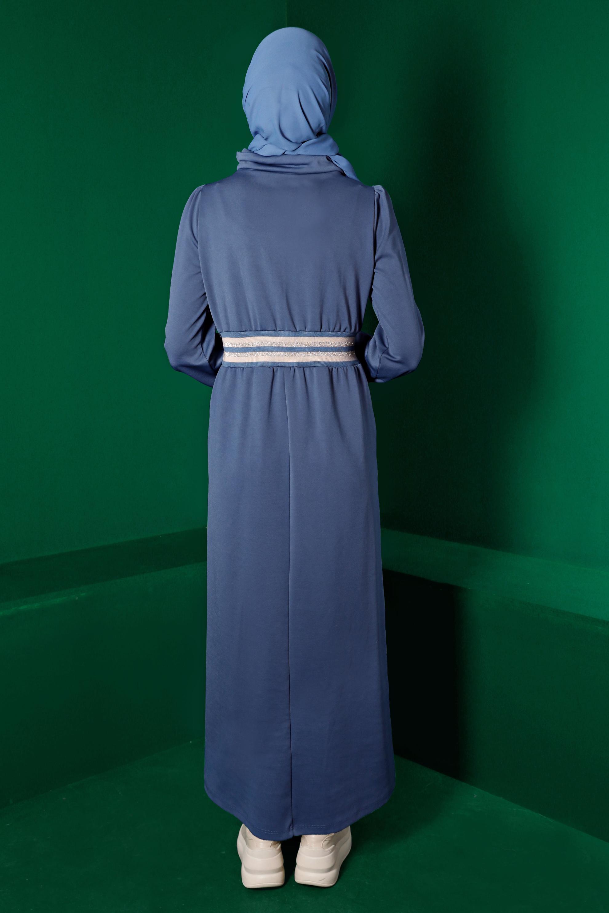 Tesettür giyim LACİVERT BELİ VE MANŞETLERİ LASTİKLİ ELBİSE 43327