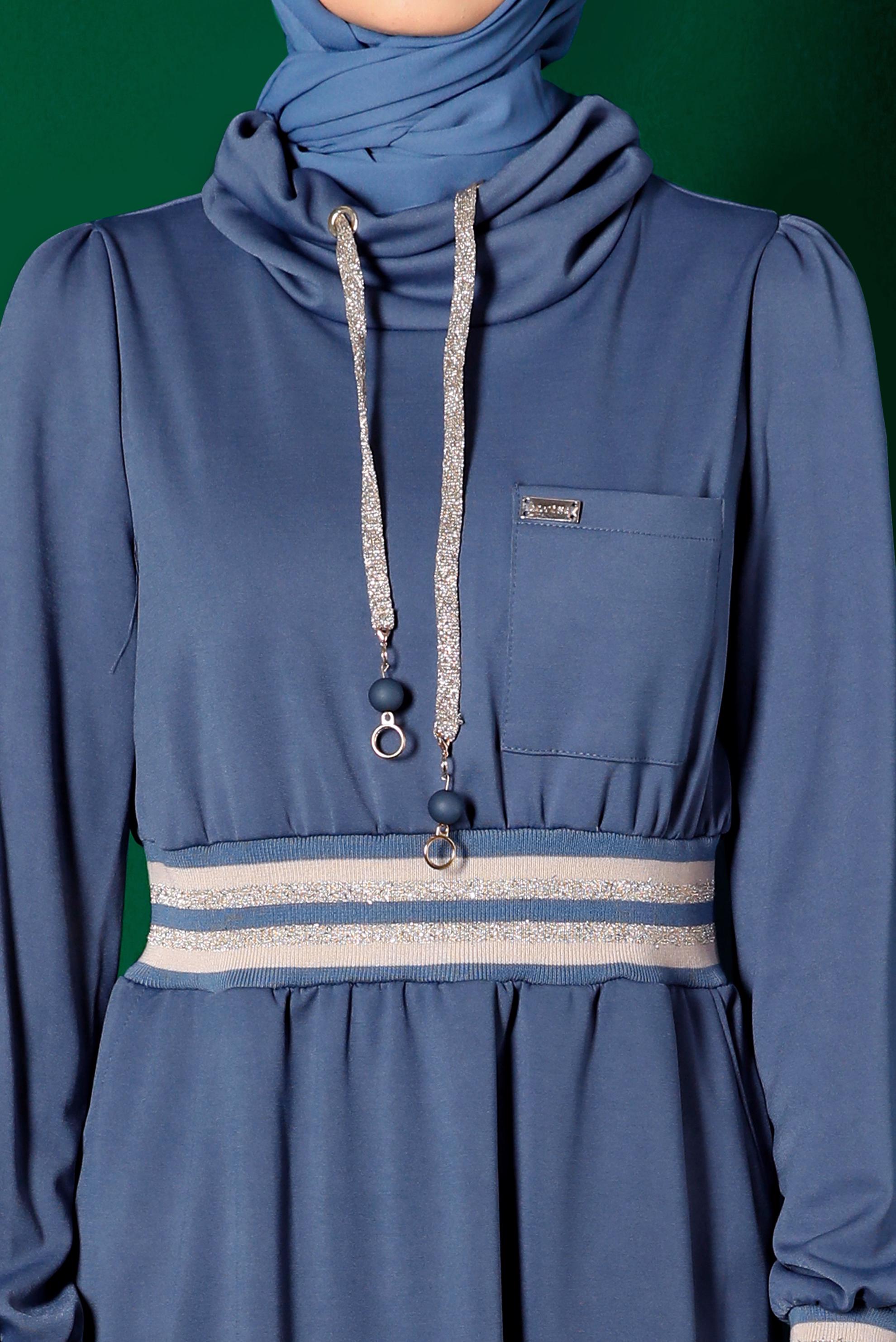 Tesettür giyim LACİVERT BELİ VE MANŞETLERİ LASTİKLİ ELBİSE 43327