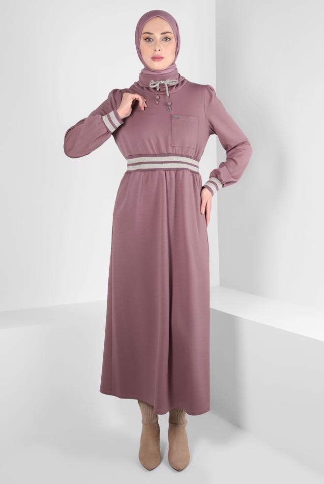Tesettür giyim PEMBE BELİ VE MANŞETLERİ LASTİKLİ ELBİSE 43327 - ALVİNA