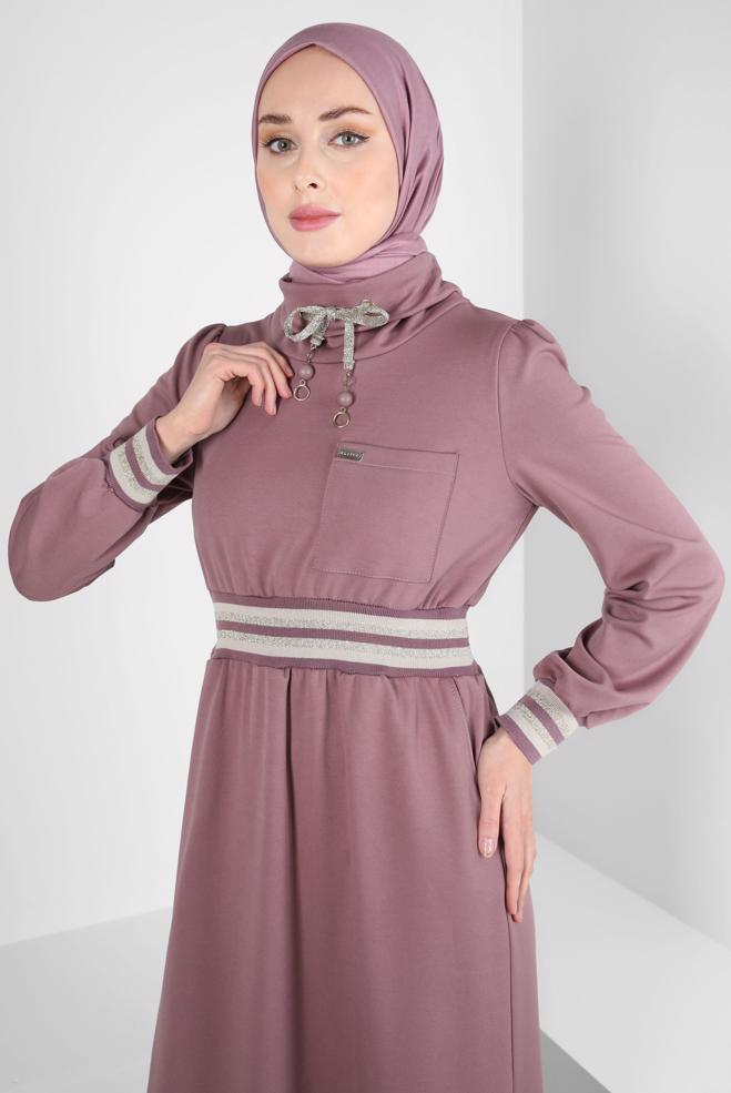 Tesettür giyim PEMBE BELİ VE MANŞETLERİ LASTİKLİ ELBİSE 43327 - ALVİNA