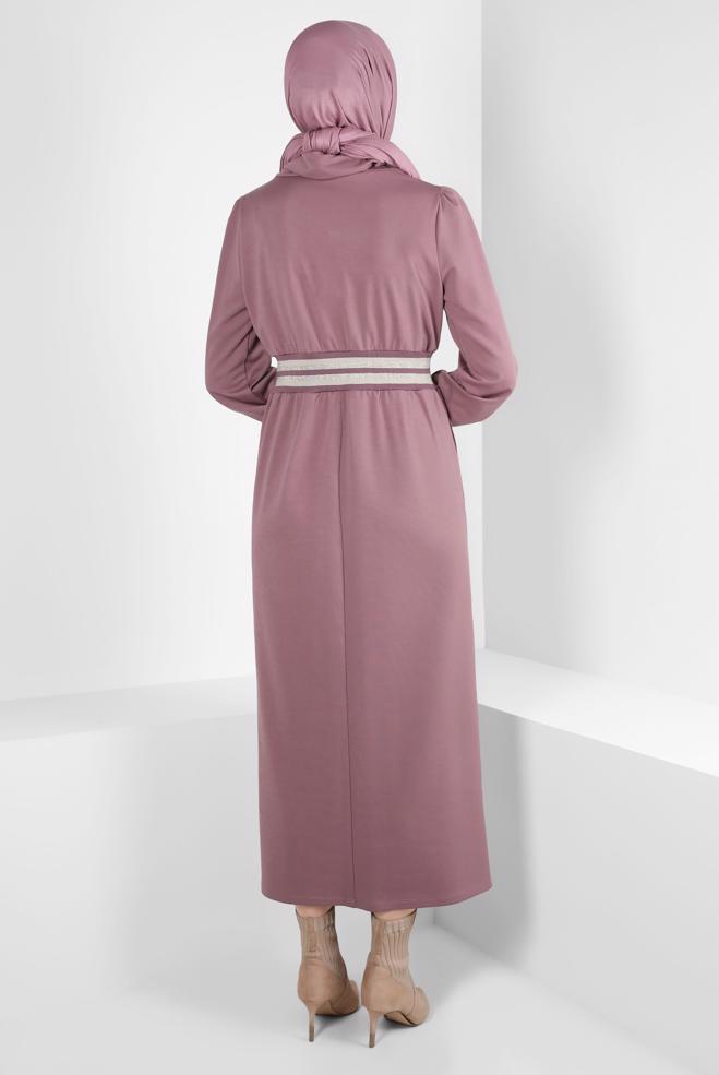 Tesettür giyim PEMBE BELİ VE MANŞETLERİ LASTİKLİ ELBİSE 43327 - ALVİNA