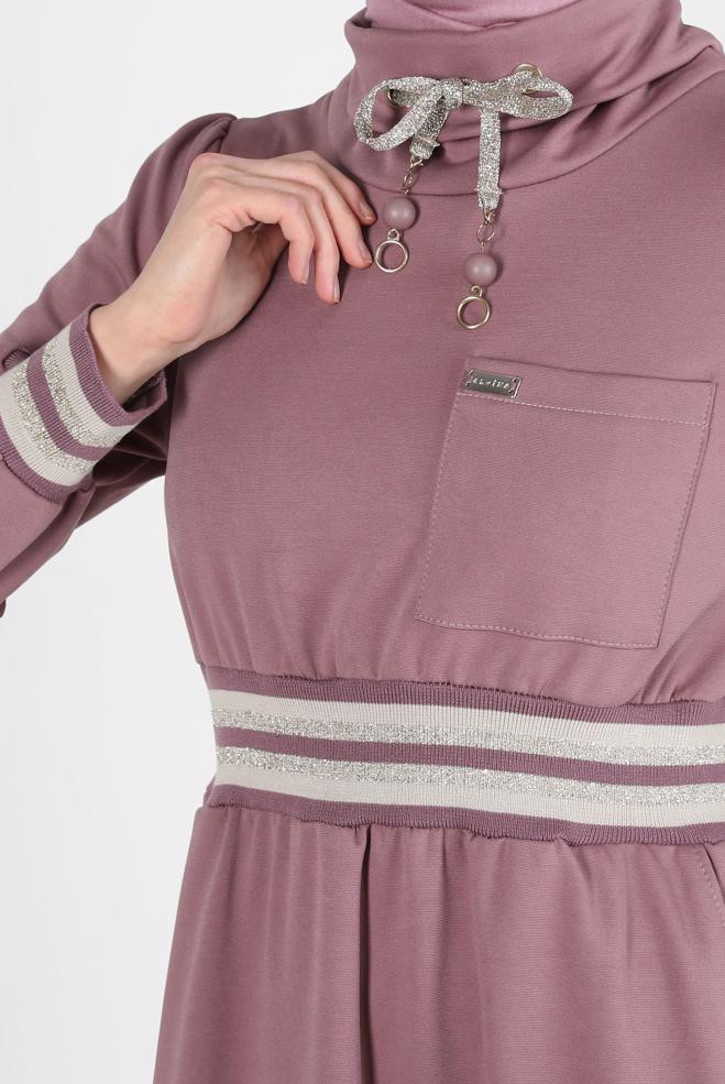Tesettür giyim PEMBE BELİ VE MANŞETLERİ LASTİKLİ ELBİSE 43327 - ALVİNA