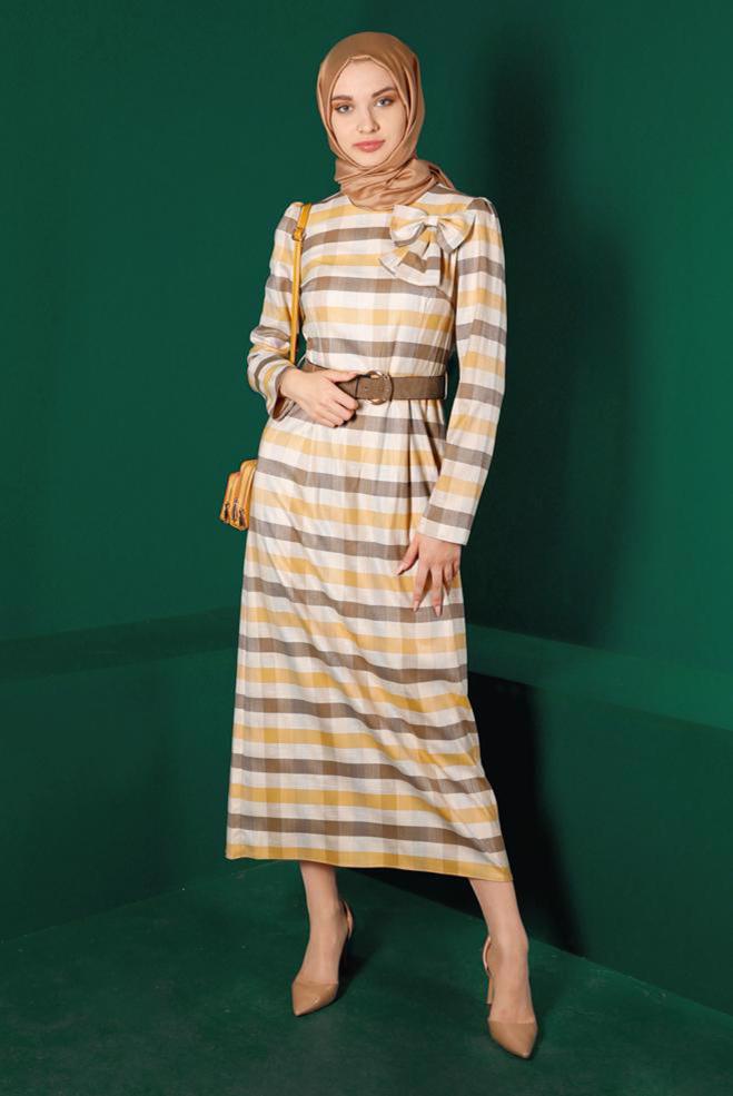 Tesettür giyim SARI FİYONK DETAYLI EKOSE ELBİSE 43329  - ALVİNA