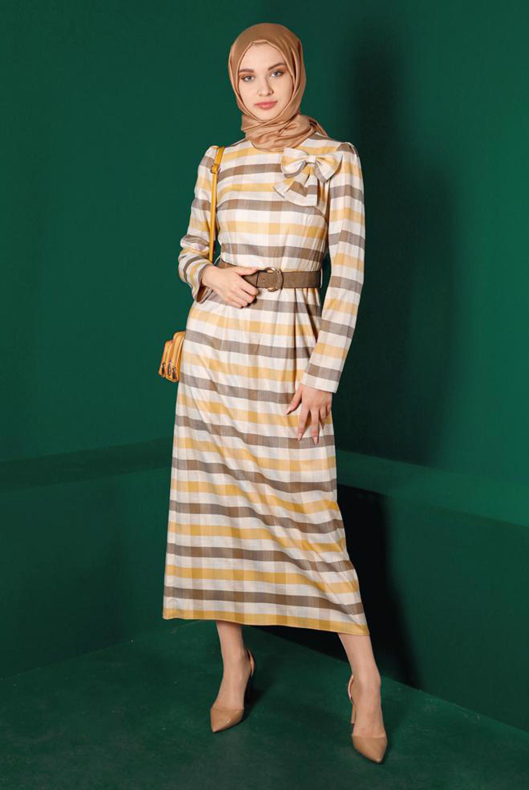 Tesettür giyim SARI FİYONK DETAYLI EKOSE ELBİSE 43329 