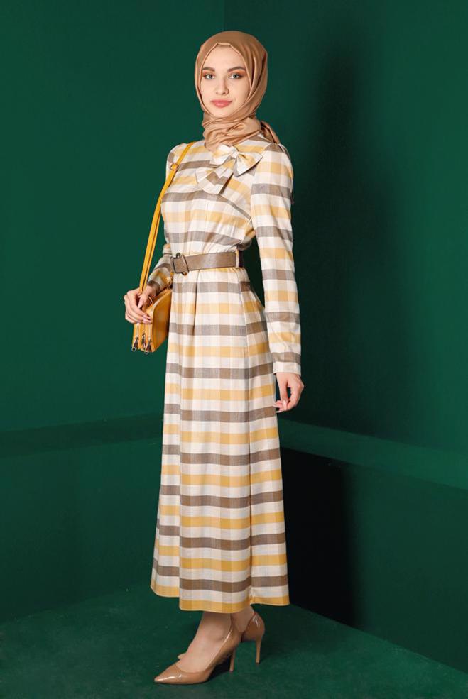 Tesettür giyim SARI FİYONK DETAYLI EKOSE ELBİSE 43329  - ALVİNA