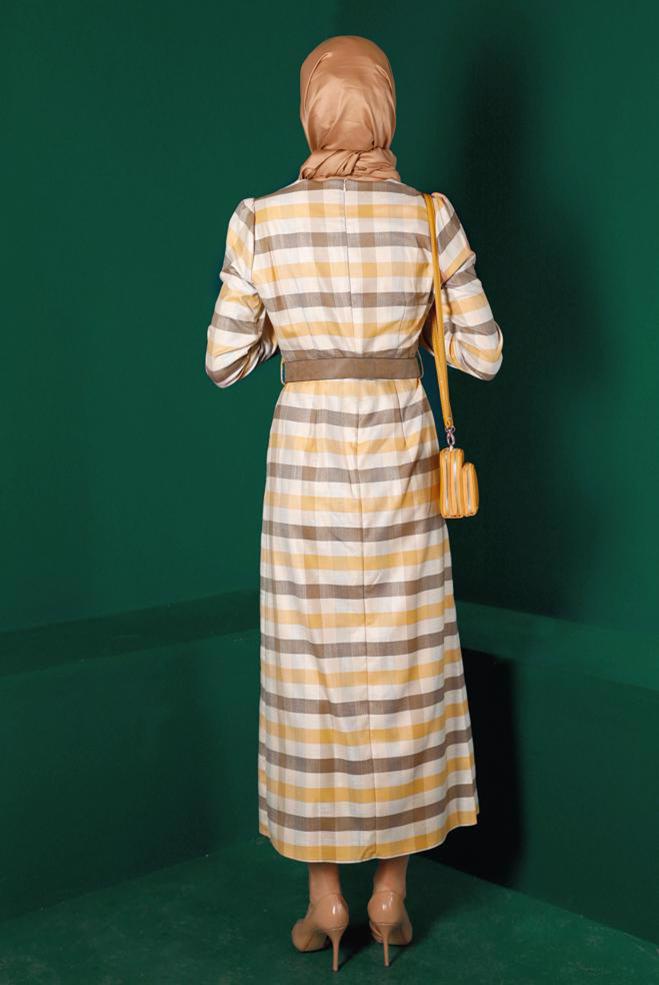 Tesettür giyim SARI FİYONK DETAYLI EKOSE ELBİSE 43329  - ALVİNA