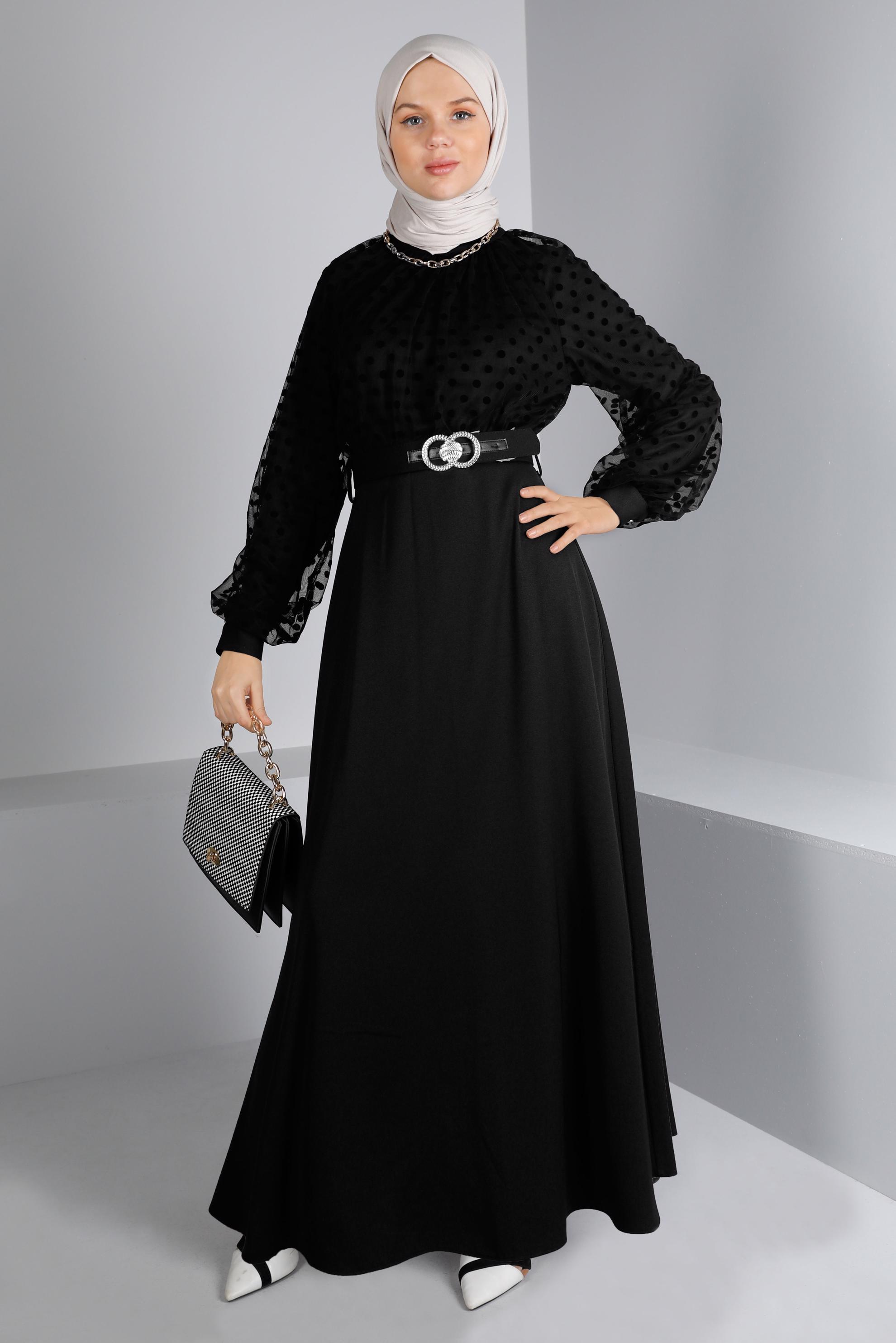 Tesettür giyim SİYAH PUANTİYELİ KEMERLİ ELBİSE 43367 