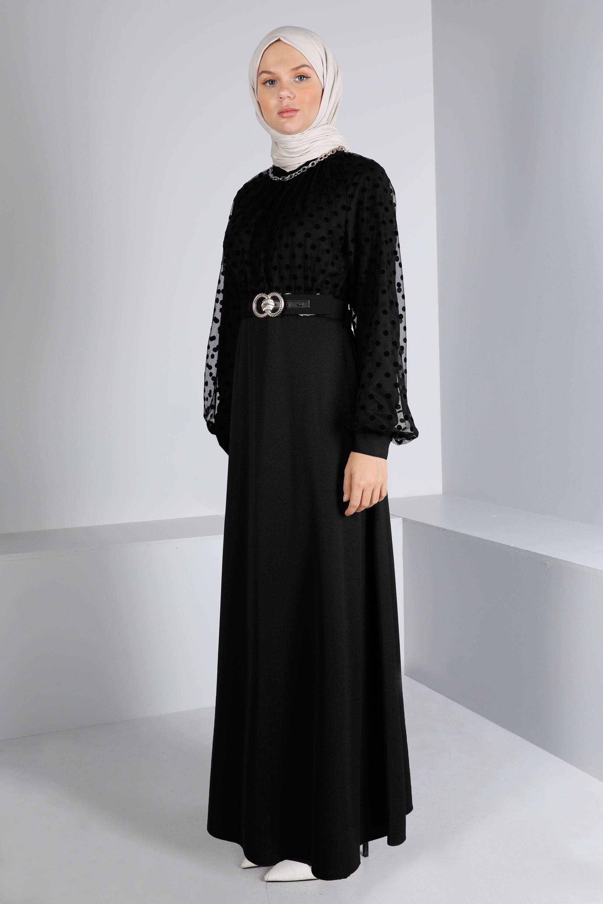 Tesettür giyim SİYAH PUANTİYELİ KEMERLİ ELBİSE 43367 