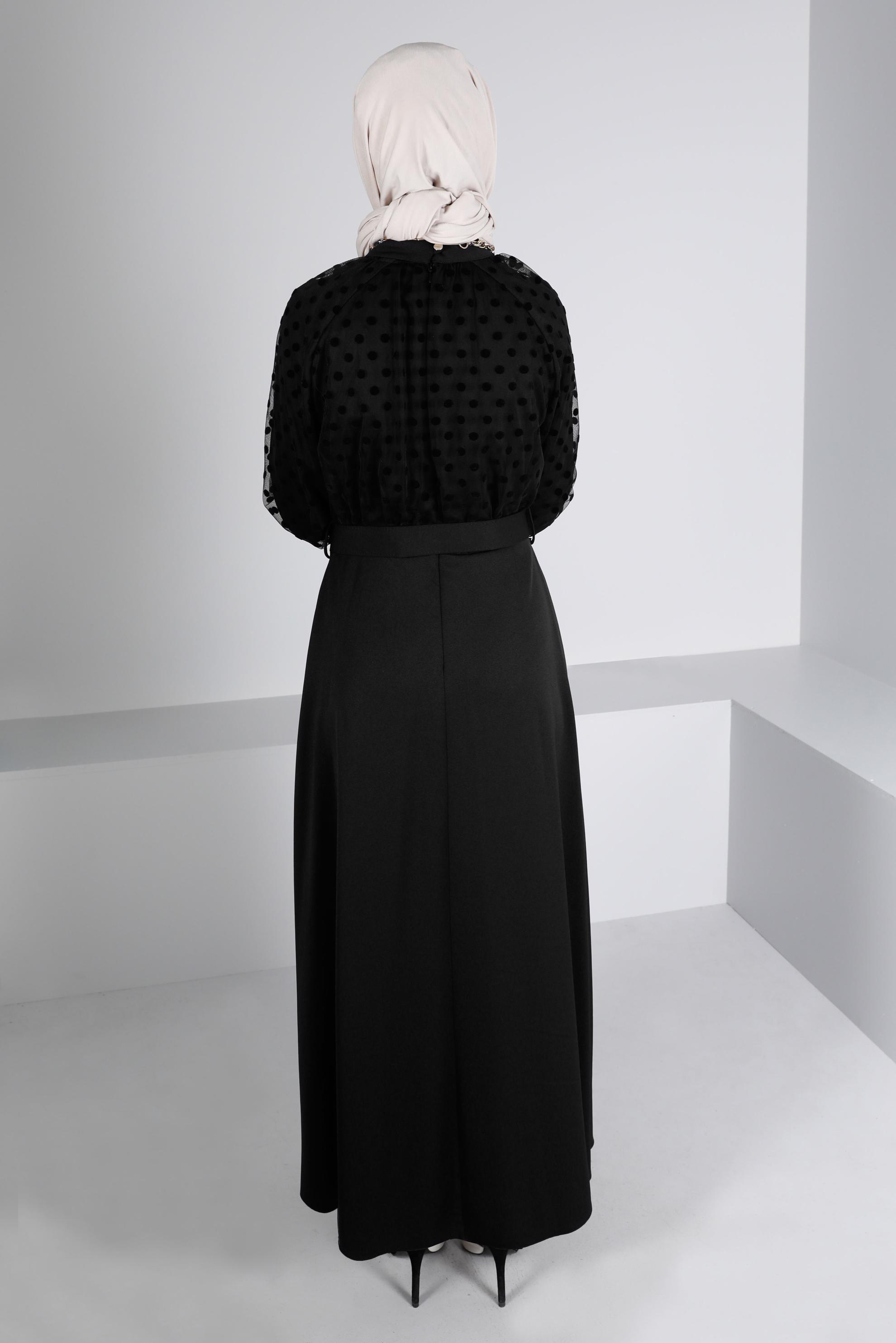 Tesettür giyim SİYAH PUANTİYELİ KEMERLİ ELBİSE 43367 