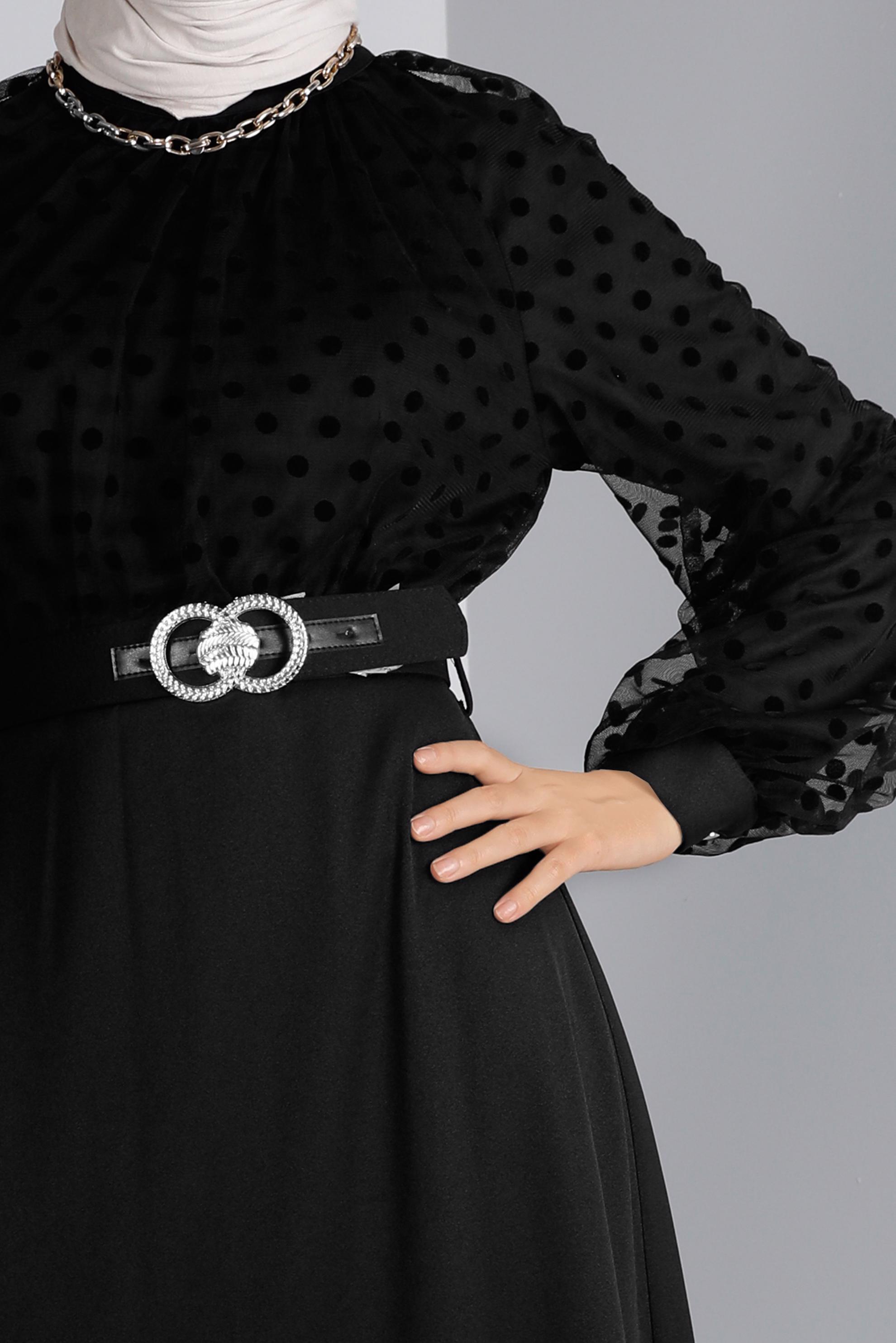 Tesettür giyim SİYAH PUANTİYELİ KEMERLİ ELBİSE 43367 