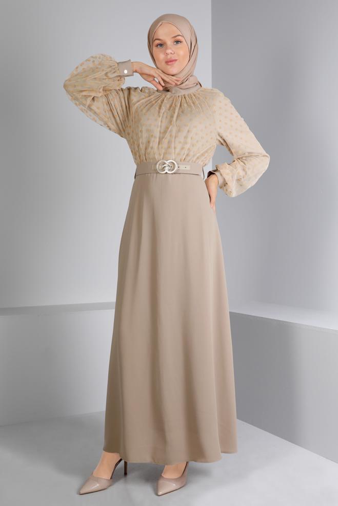 Tesettür giyim BEJ PUANTİYELİ KEMERLİ ELBİSE 43367  - ALVİNA