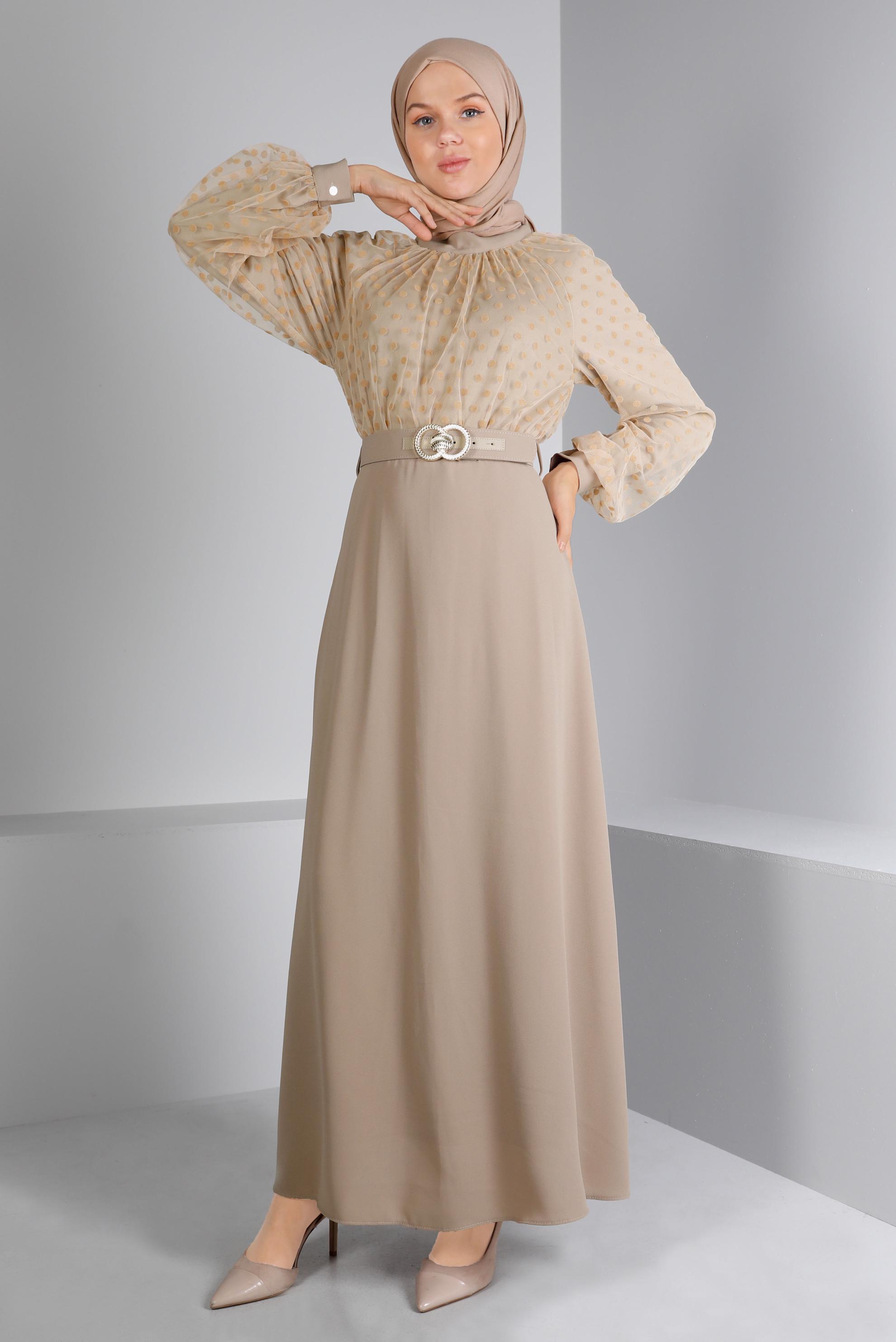 Tesettür giyim BEJ PUANTİYELİ KEMERLİ ELBİSE 43367 