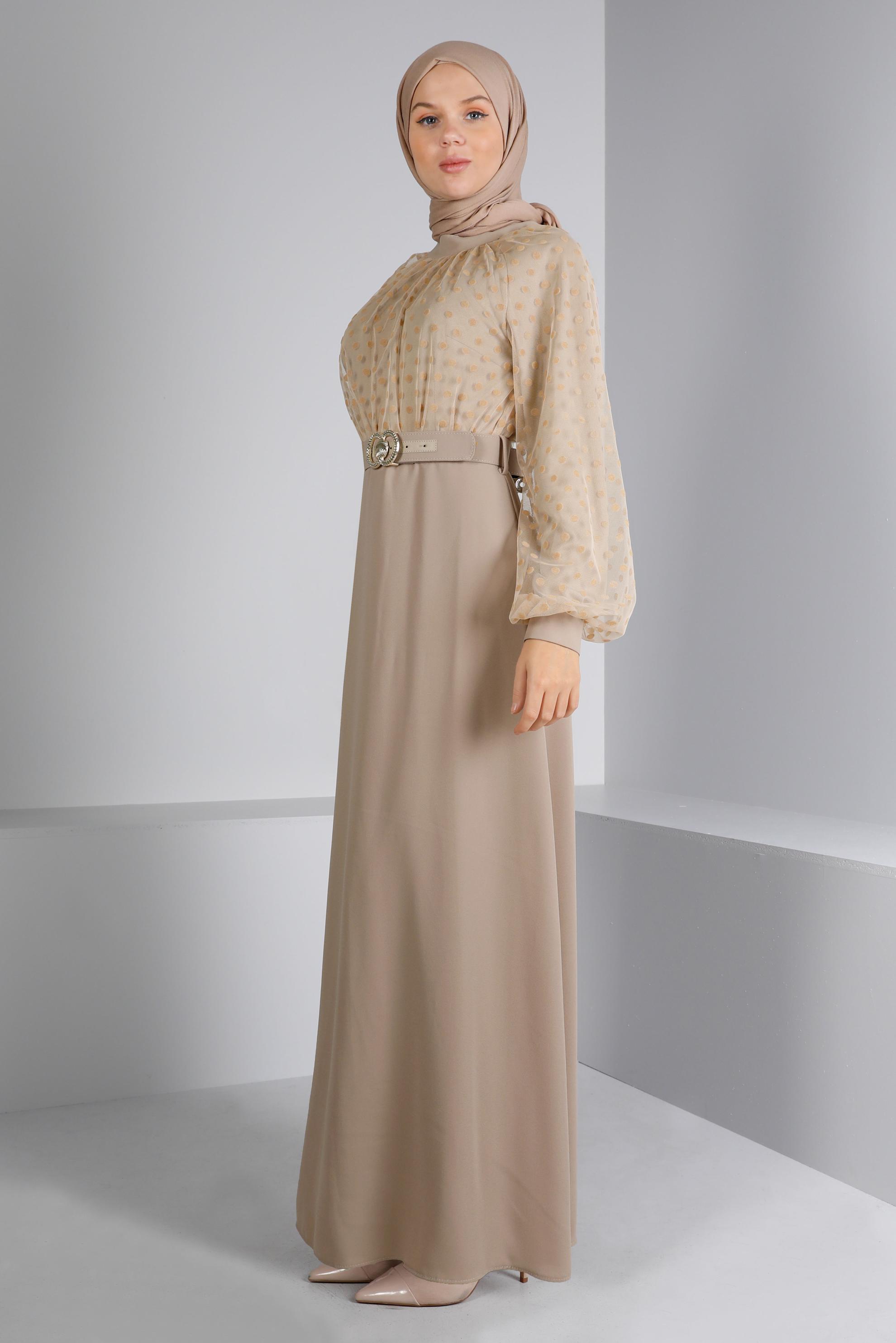 Tesettür giyim BEJ PUANTİYELİ KEMERLİ ELBİSE 43367 