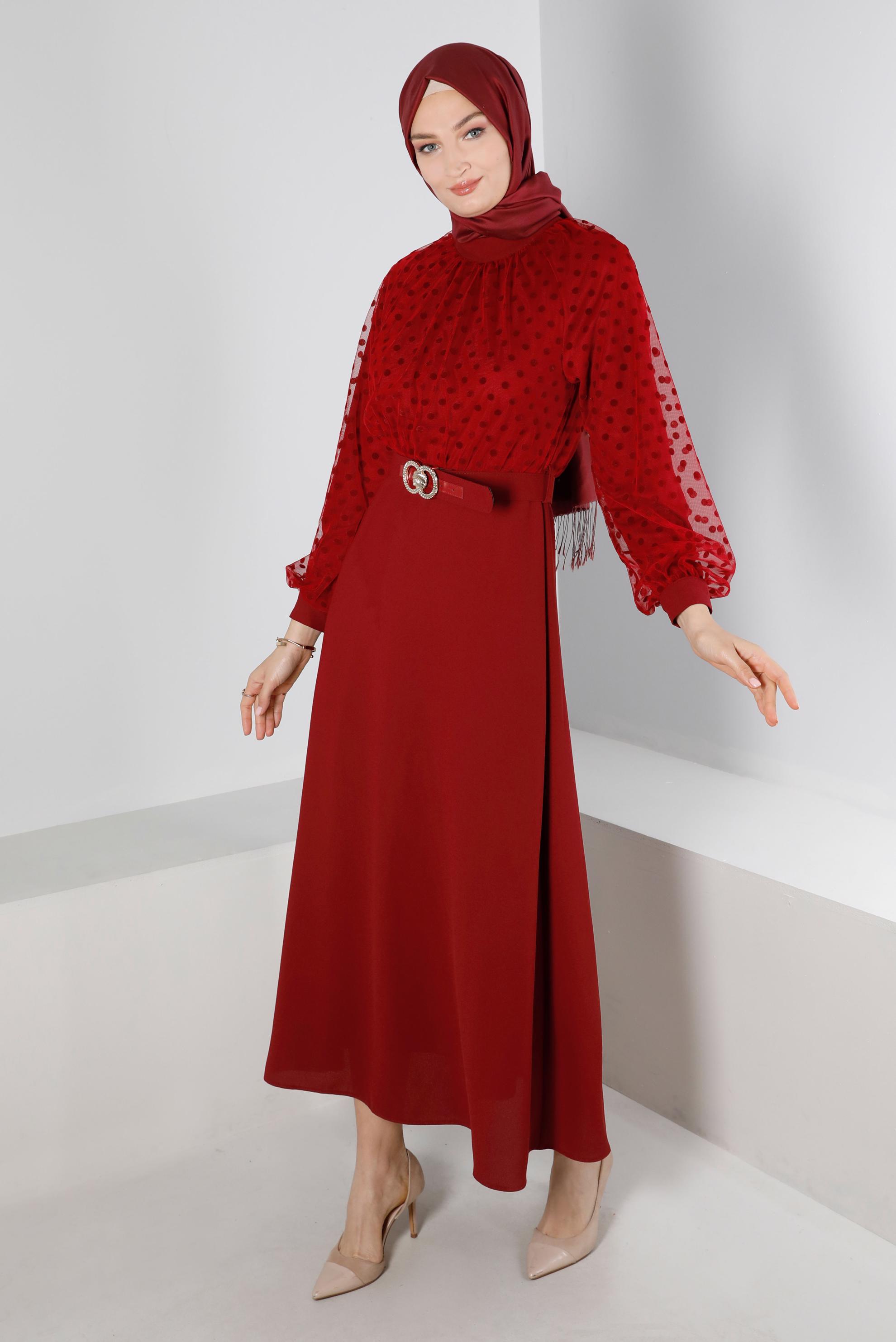 Tesettür giyim BORDO PUANTİYELİ KEMERLİ ELBİSE 43367 