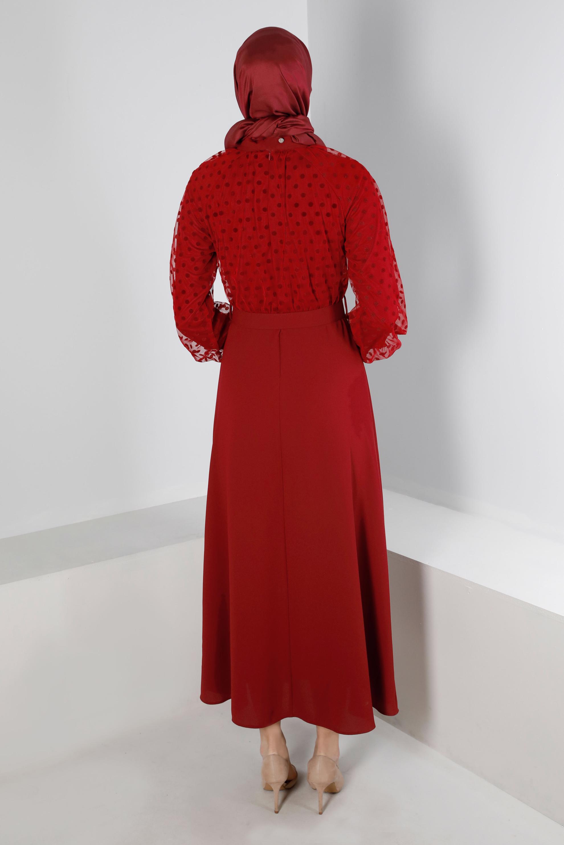 Tesettür giyim BORDO PUANTİYELİ KEMERLİ ELBİSE 43367 