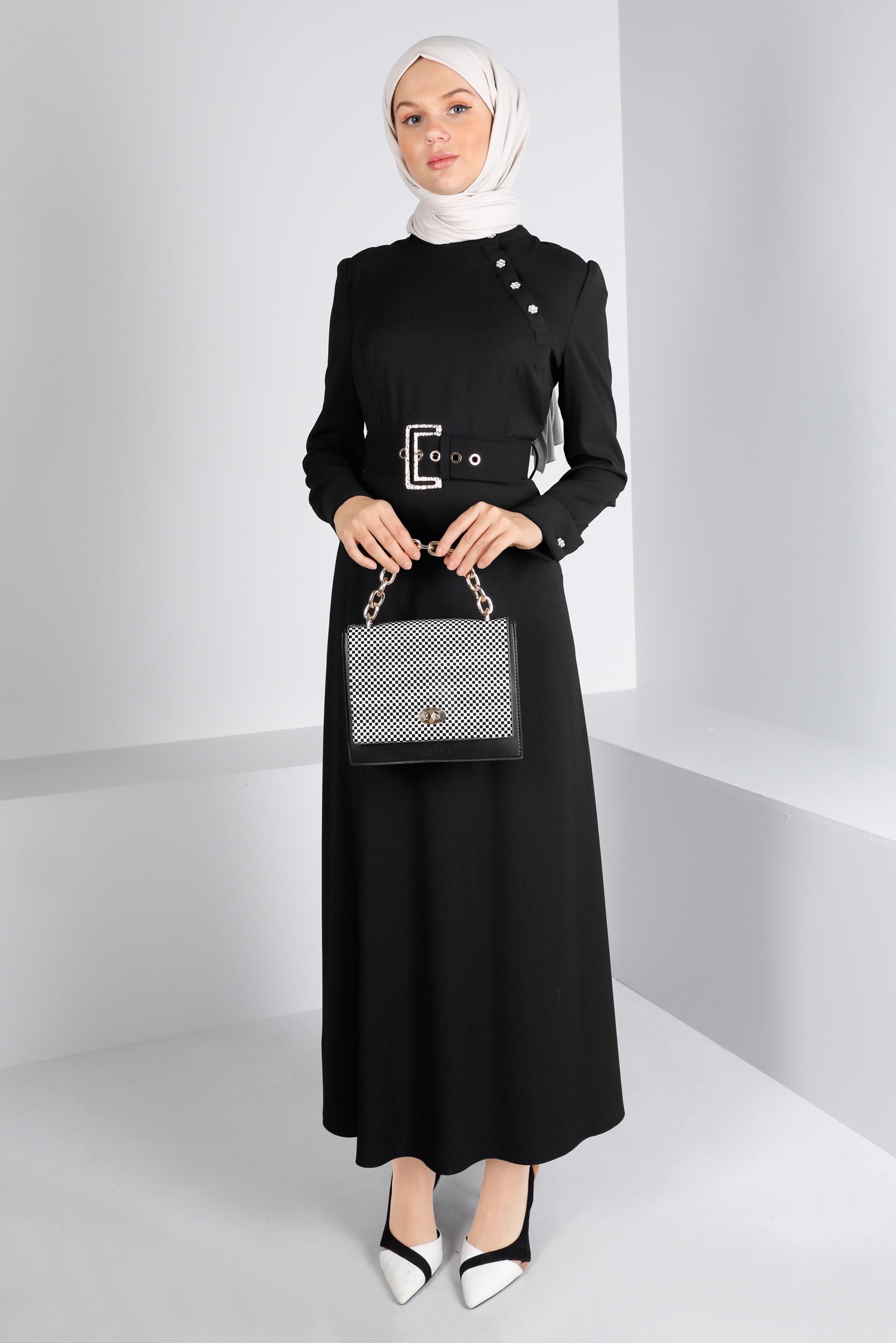 Tesettür giyim SİYAH KEMERLİ DÜĞMELİ ELBİSE 43382