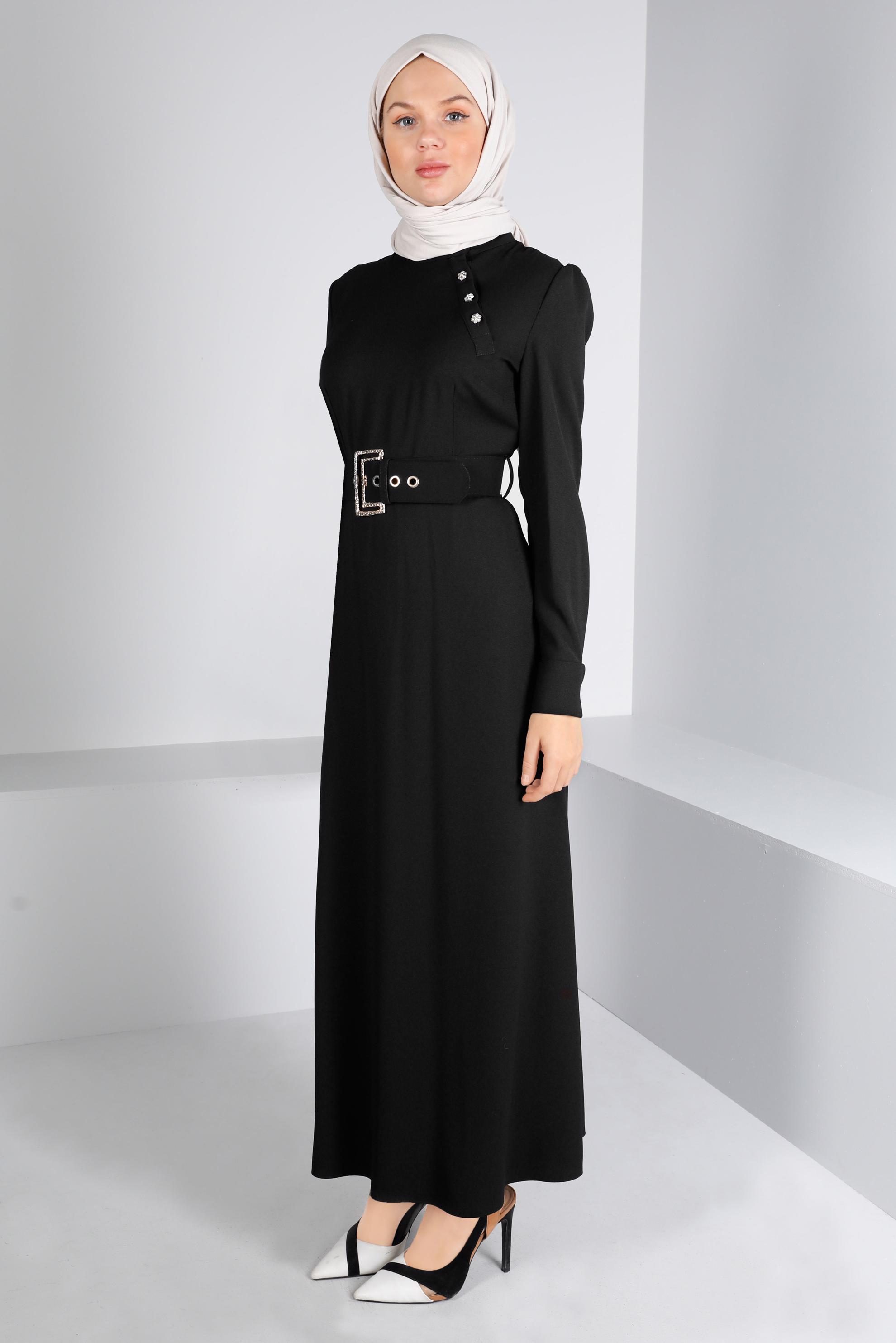 Tesettür giyim SİYAH KEMERLİ DÜĞMELİ ELBİSE 43382