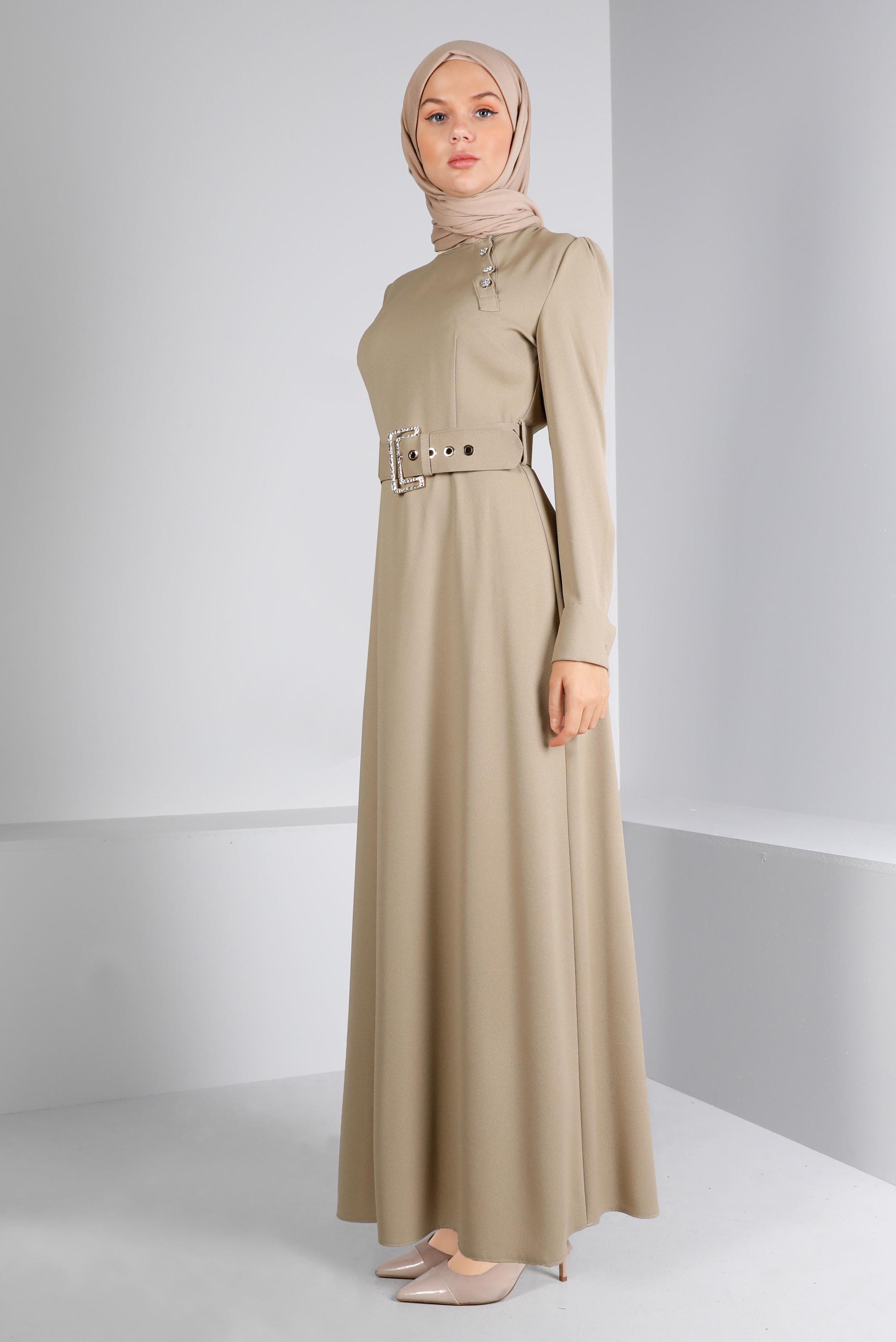 Tesettür giyim BEJ KEMERLİ DÜĞMELİ ELBİSE 43382