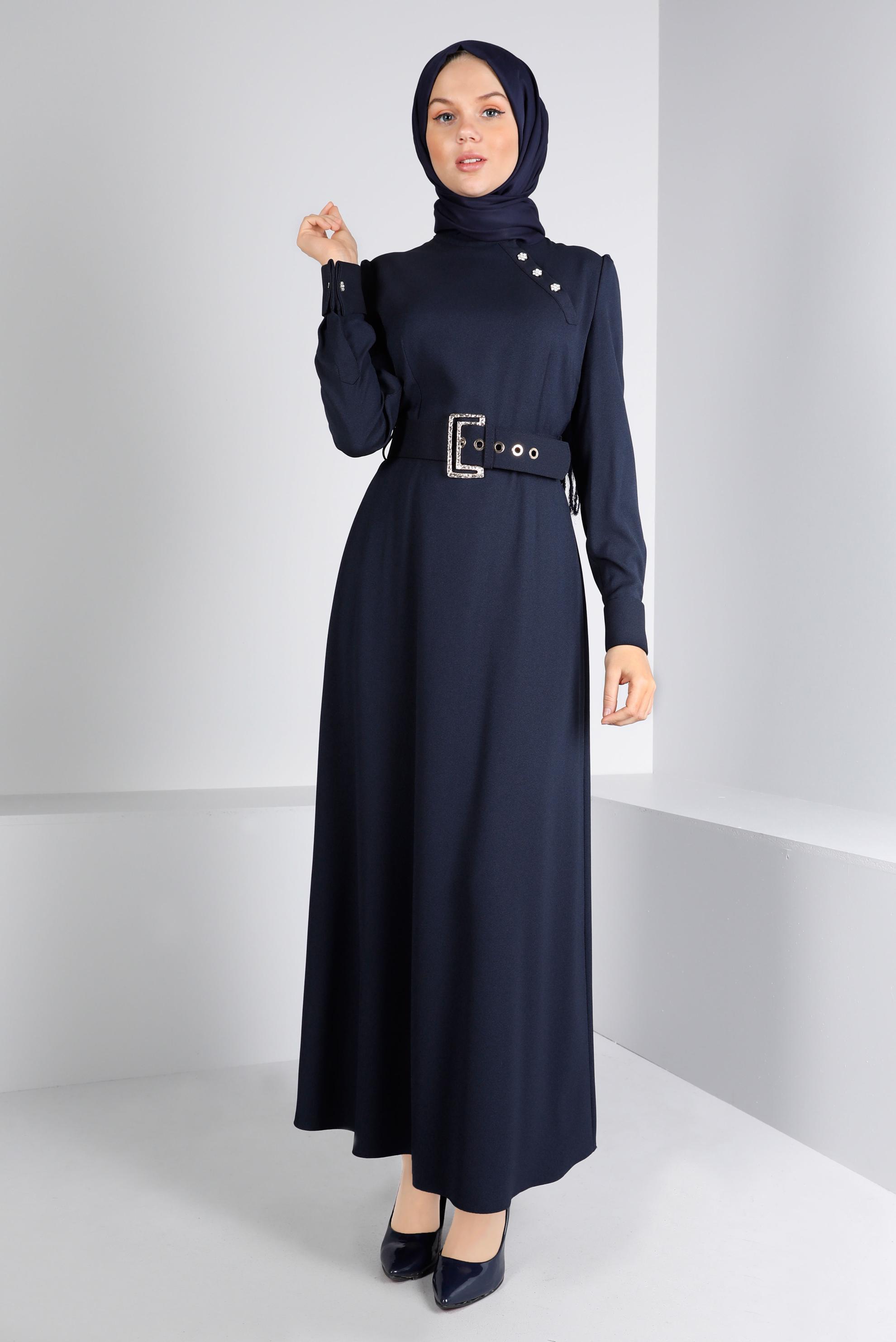 Tesettür giyim LACİVERT KEMERLİ DÜĞMELİ ELBİSE 43382