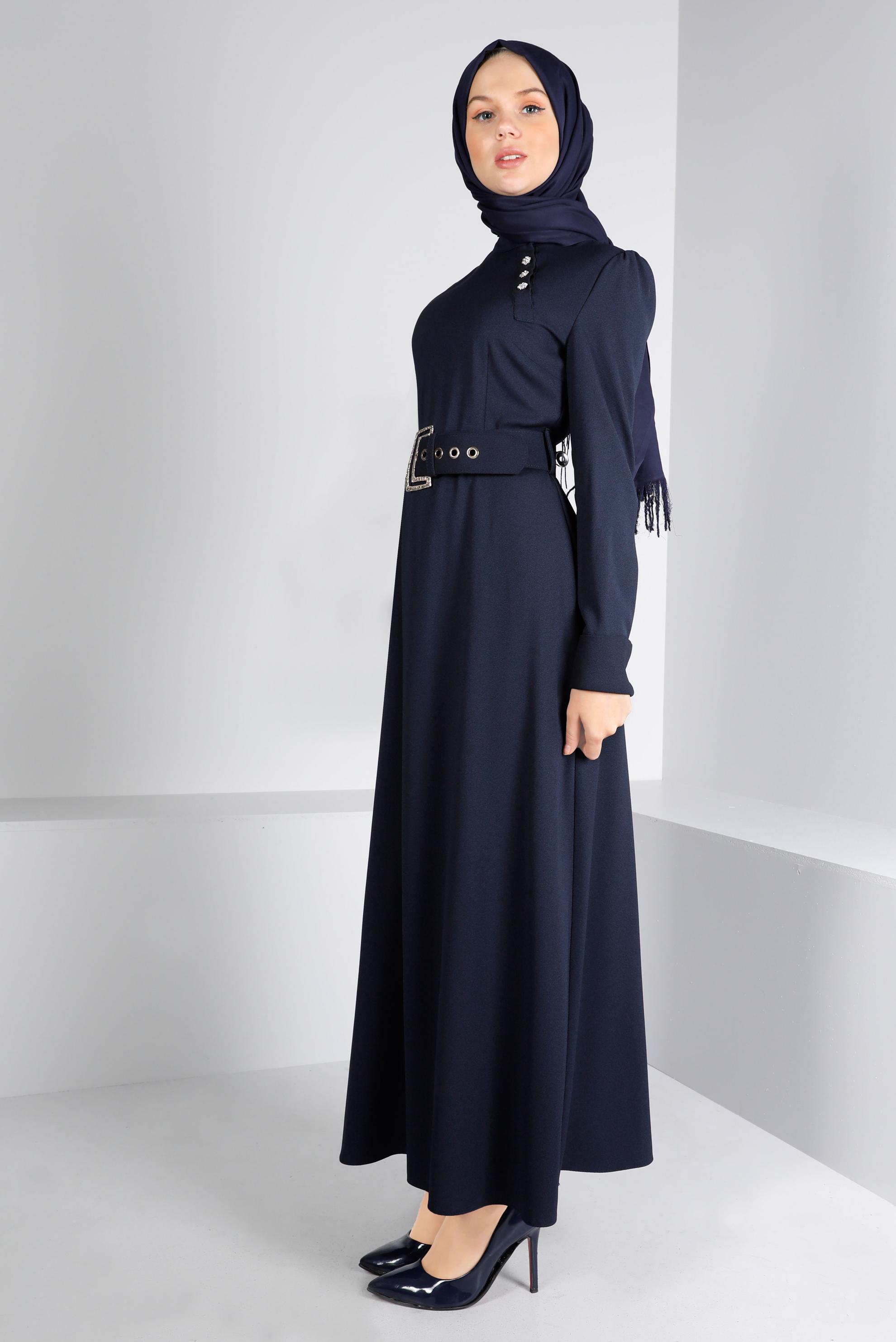 Tesettür giyim LACİVERT KEMERLİ DÜĞMELİ ELBİSE 43382