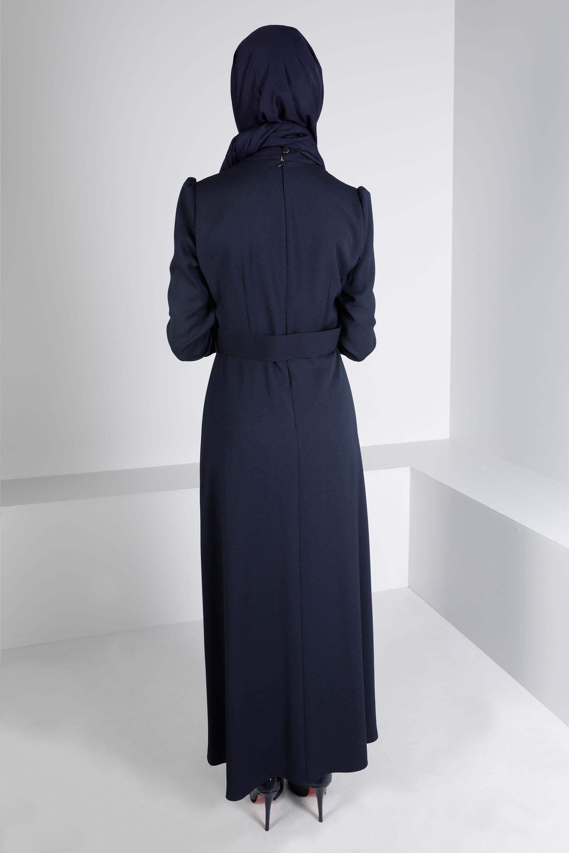 Tesettür giyim LACİVERT KEMERLİ DÜĞMELİ ELBİSE 43382