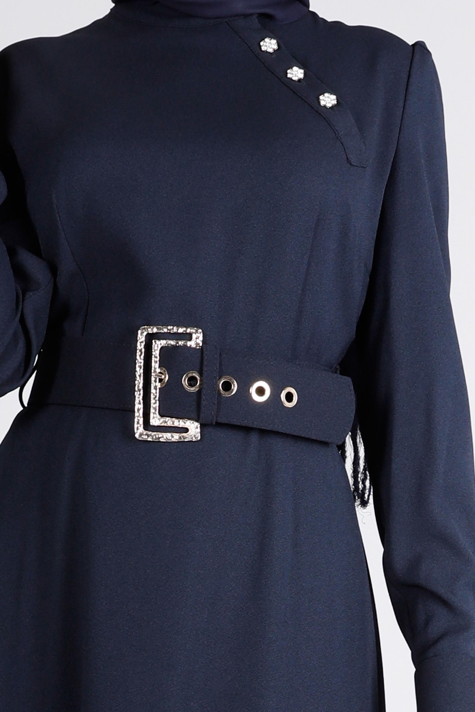 Tesettür giyim LACİVERT KEMERLİ DÜĞMELİ ELBİSE 43382