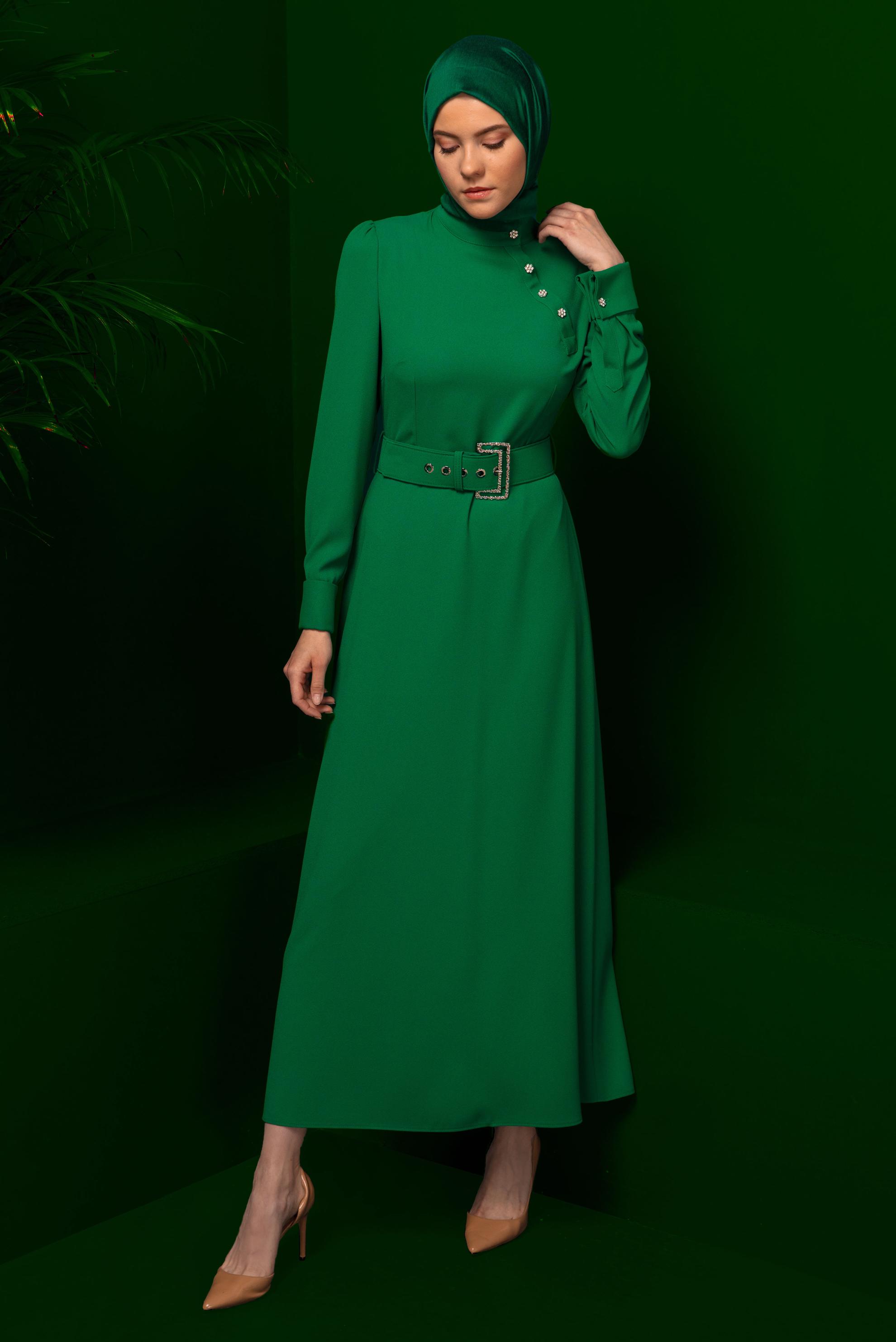 Tesettür giyim YEŞİL KEMERLİ DÜĞMELİ ELBİSE 43382