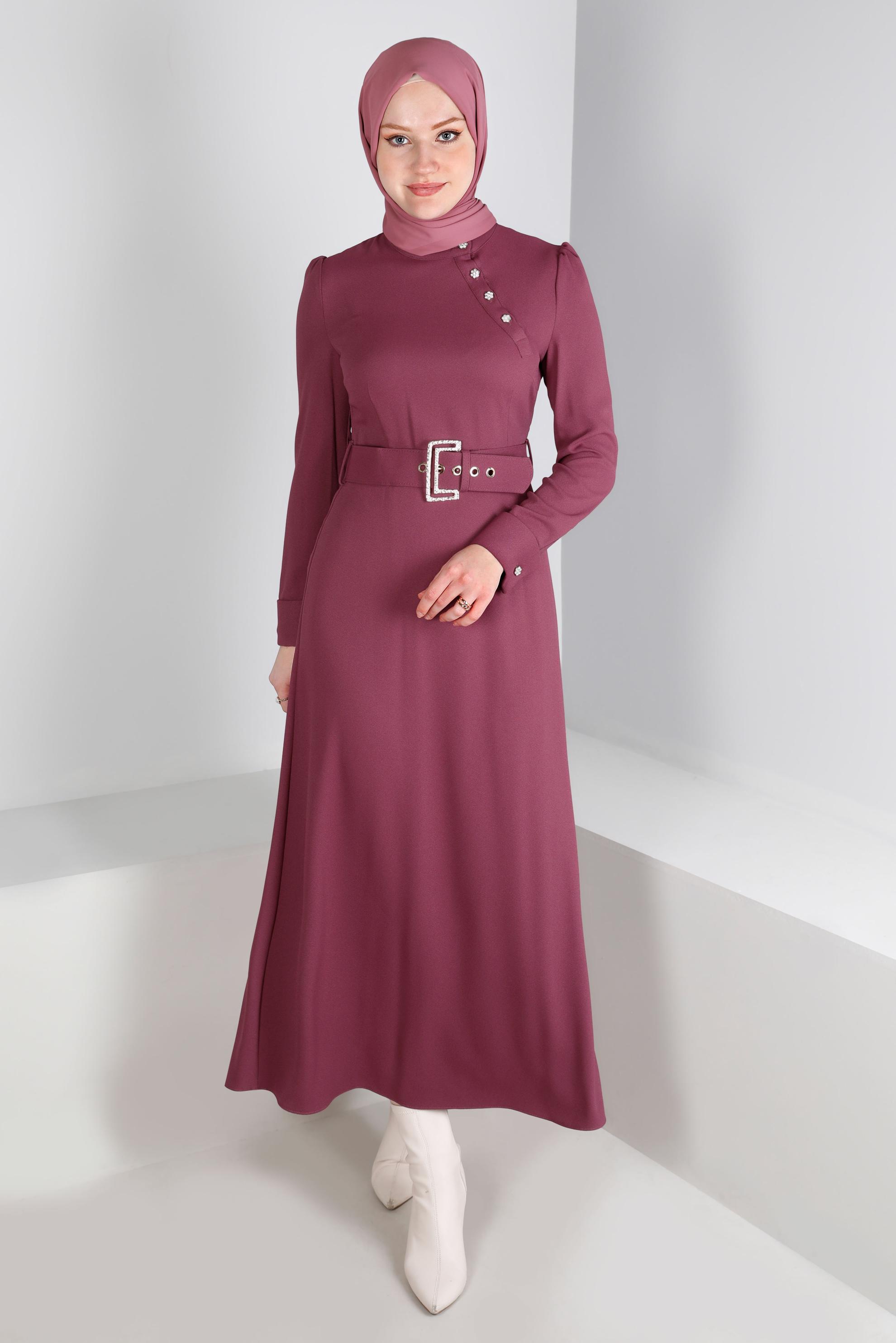 Tesettür giyim PEMBE KEMERLİ DÜĞMELİ ELBİSE 43382