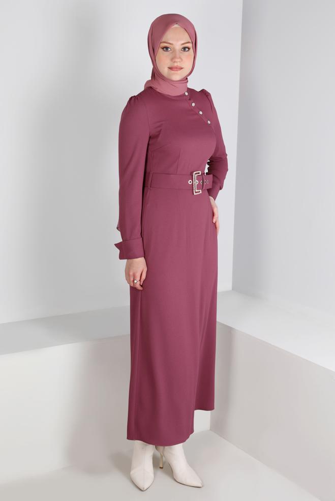 Tesettür giyim PEMBE KEMERLİ DÜĞMELİ ELBİSE 43382 - ALVİNA
