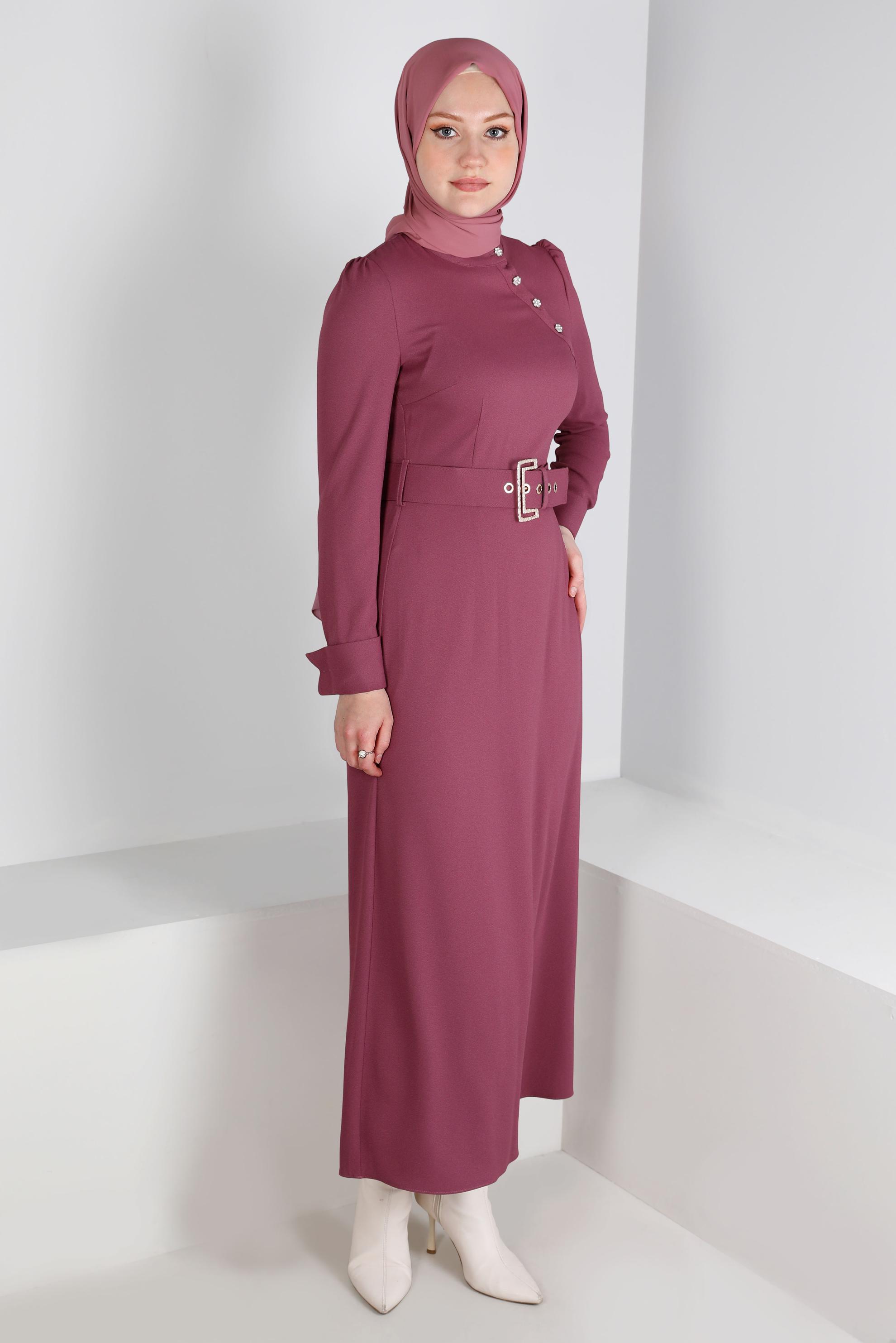 Tesettür giyim PEMBE KEMERLİ DÜĞMELİ ELBİSE 43382