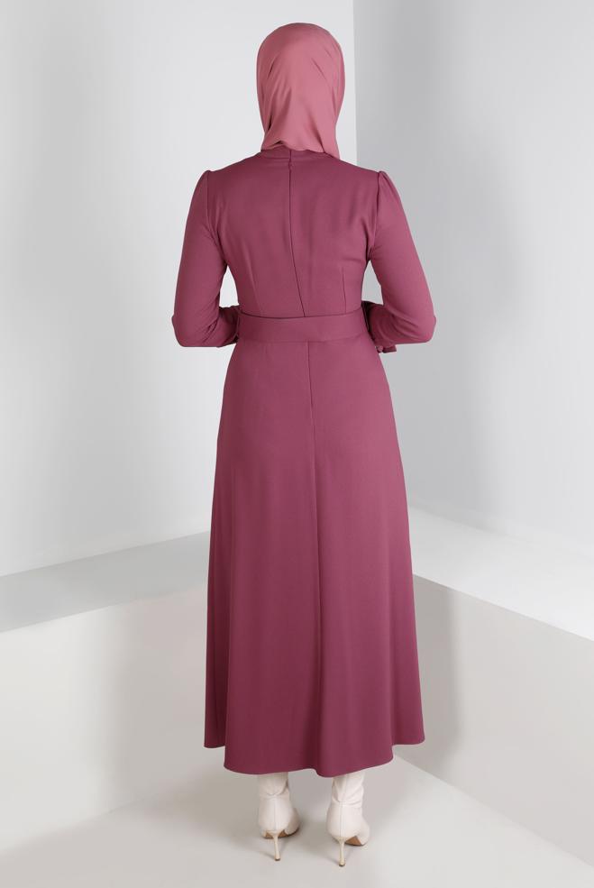 Tesettür giyim PEMBE KEMERLİ DÜĞMELİ ELBİSE 43382 - ALVİNA