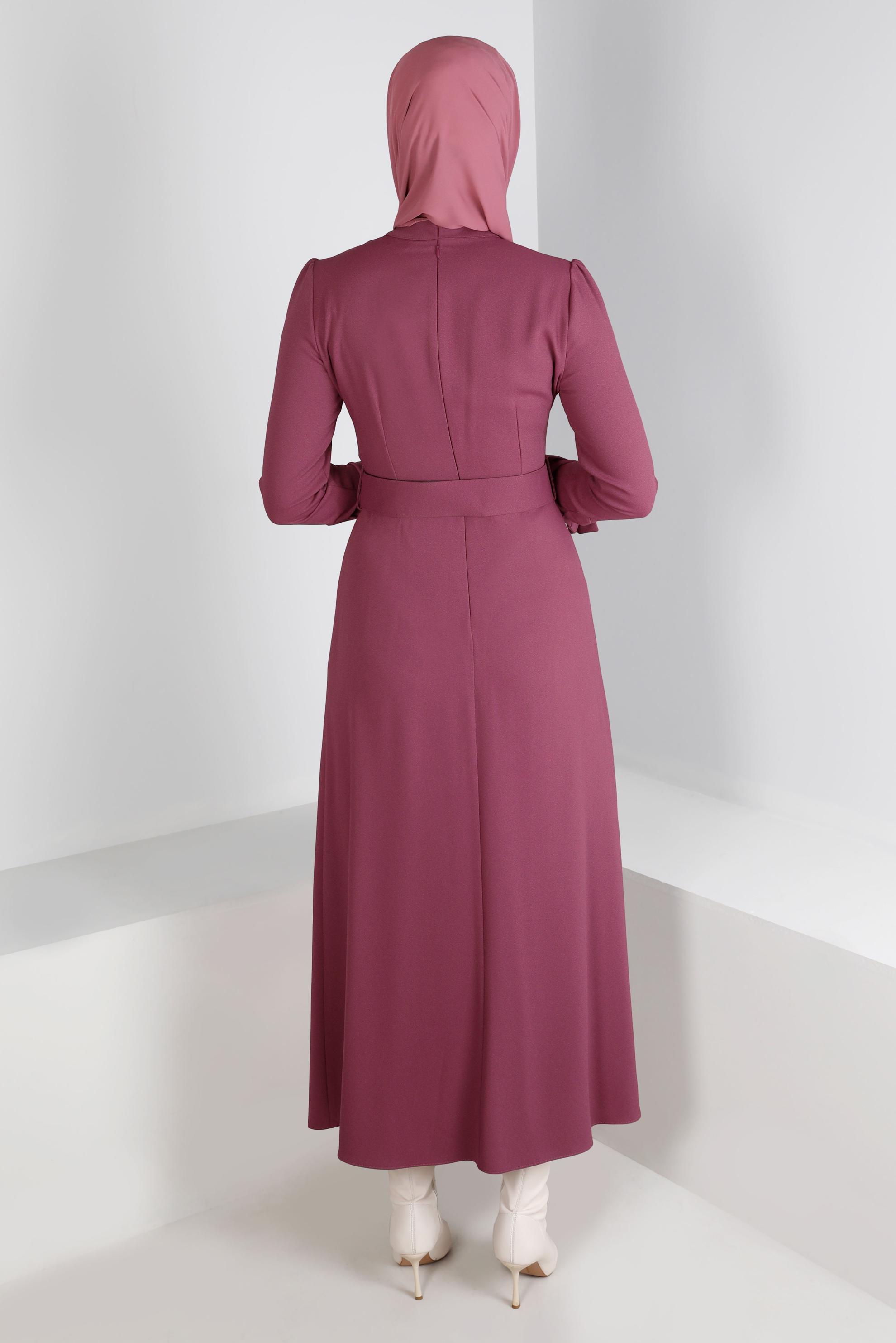 Tesettür giyim PEMBE KEMERLİ DÜĞMELİ ELBİSE 43382