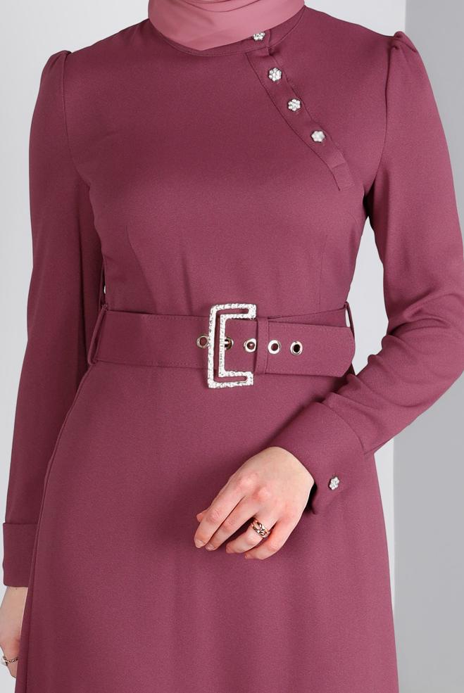 Tesettür giyim PEMBE KEMERLİ DÜĞMELİ ELBİSE 43382 - ALVİNA