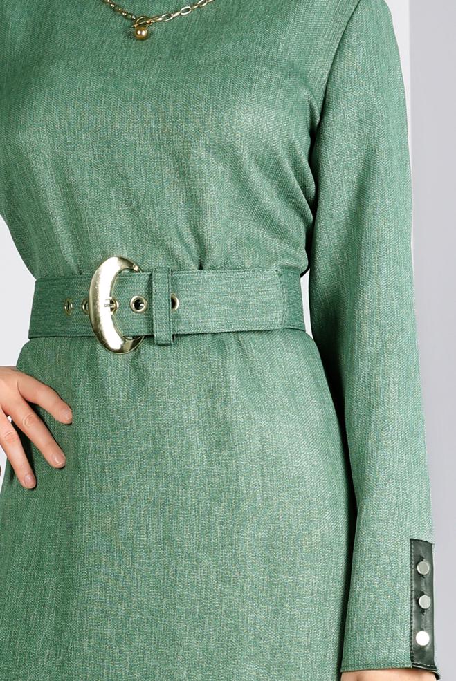 Tesettür giyim HAKİ KEMERLİ DÜĞME DETAYLI ELBİSE 43383 - ALVİNA