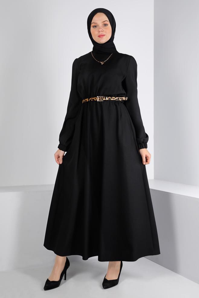 Tesettür giyim SİYAH MANŞETLERİ LASTİKLİ ELBİSE 43400 - ALVİNA