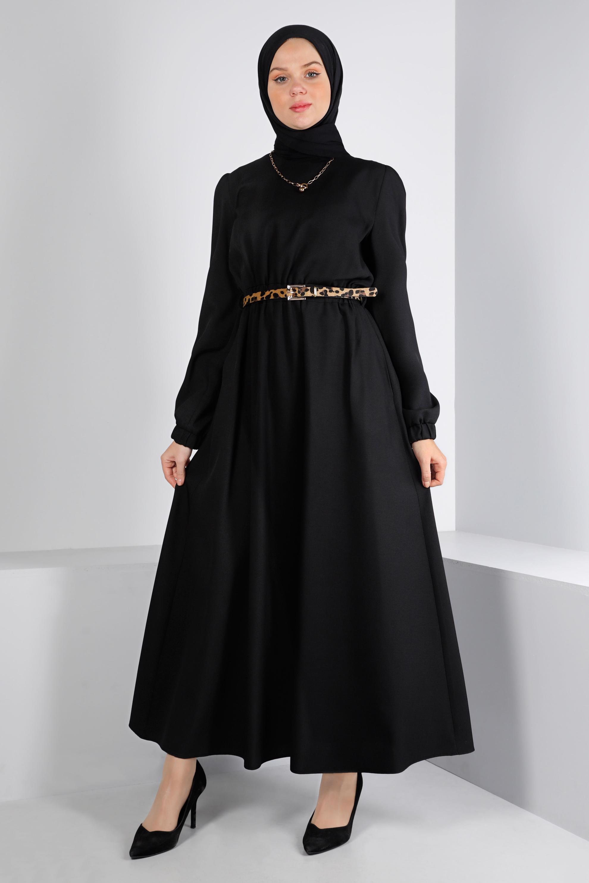 Tesettür giyim SİYAH MANŞETLERİ LASTİKLİ ELBİSE 43400