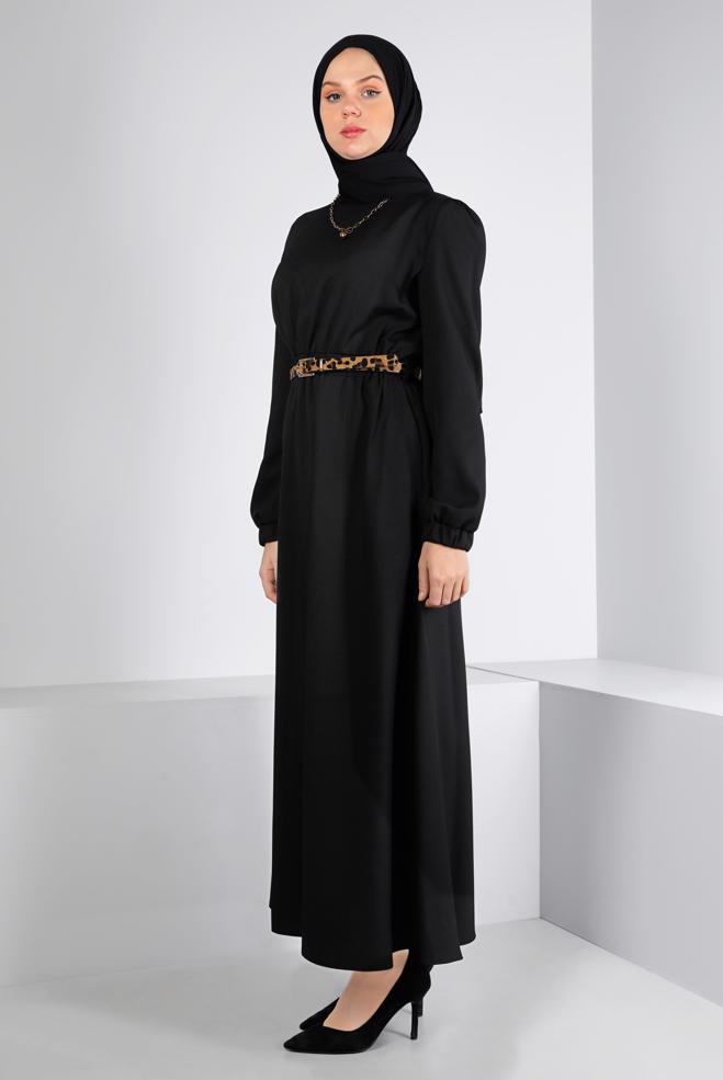 Tesettür giyim SİYAH MANŞETLERİ LASTİKLİ ELBİSE 43400 - ALVİNA