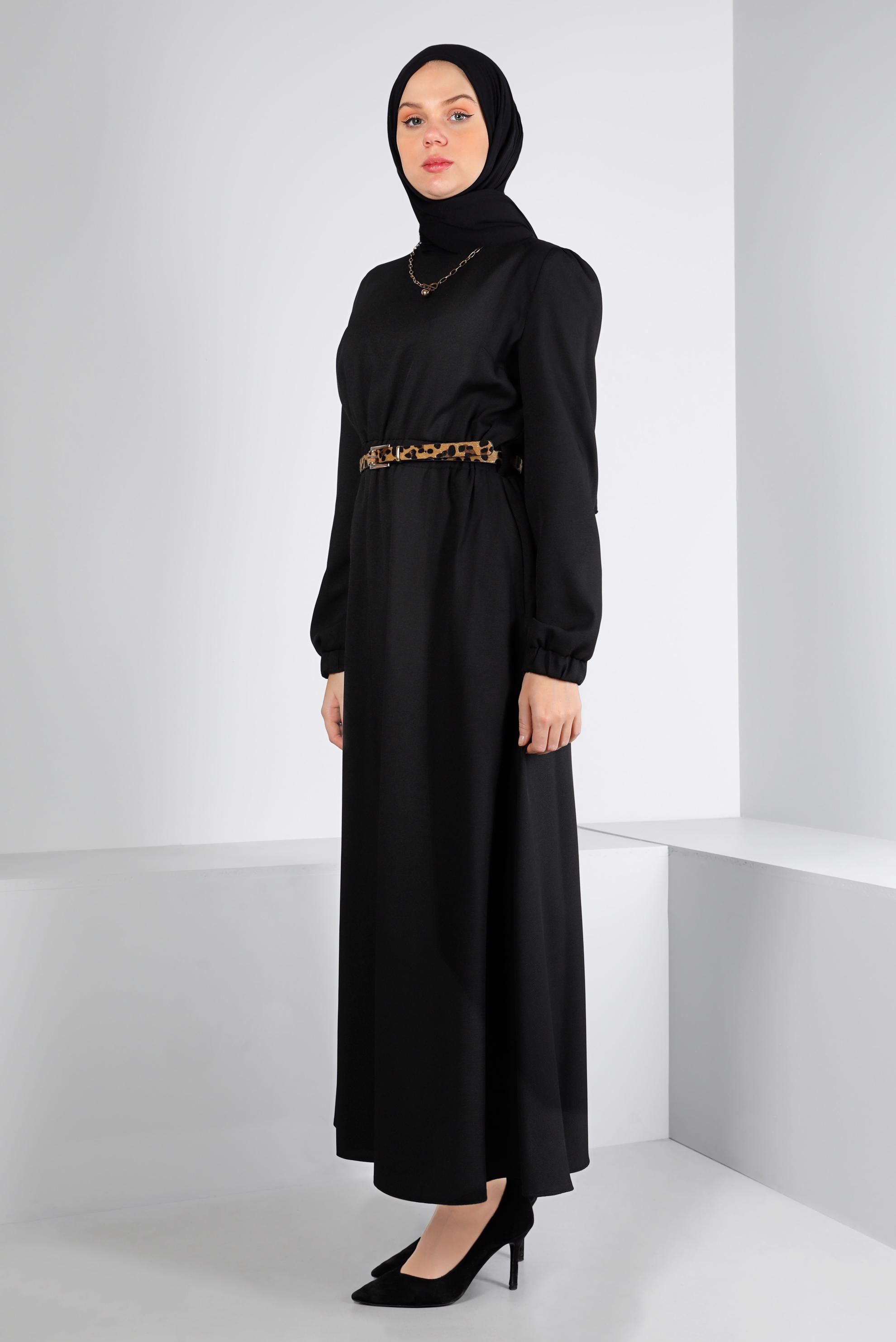 Tesettür giyim SİYAH MANŞETLERİ LASTİKLİ ELBİSE 43400