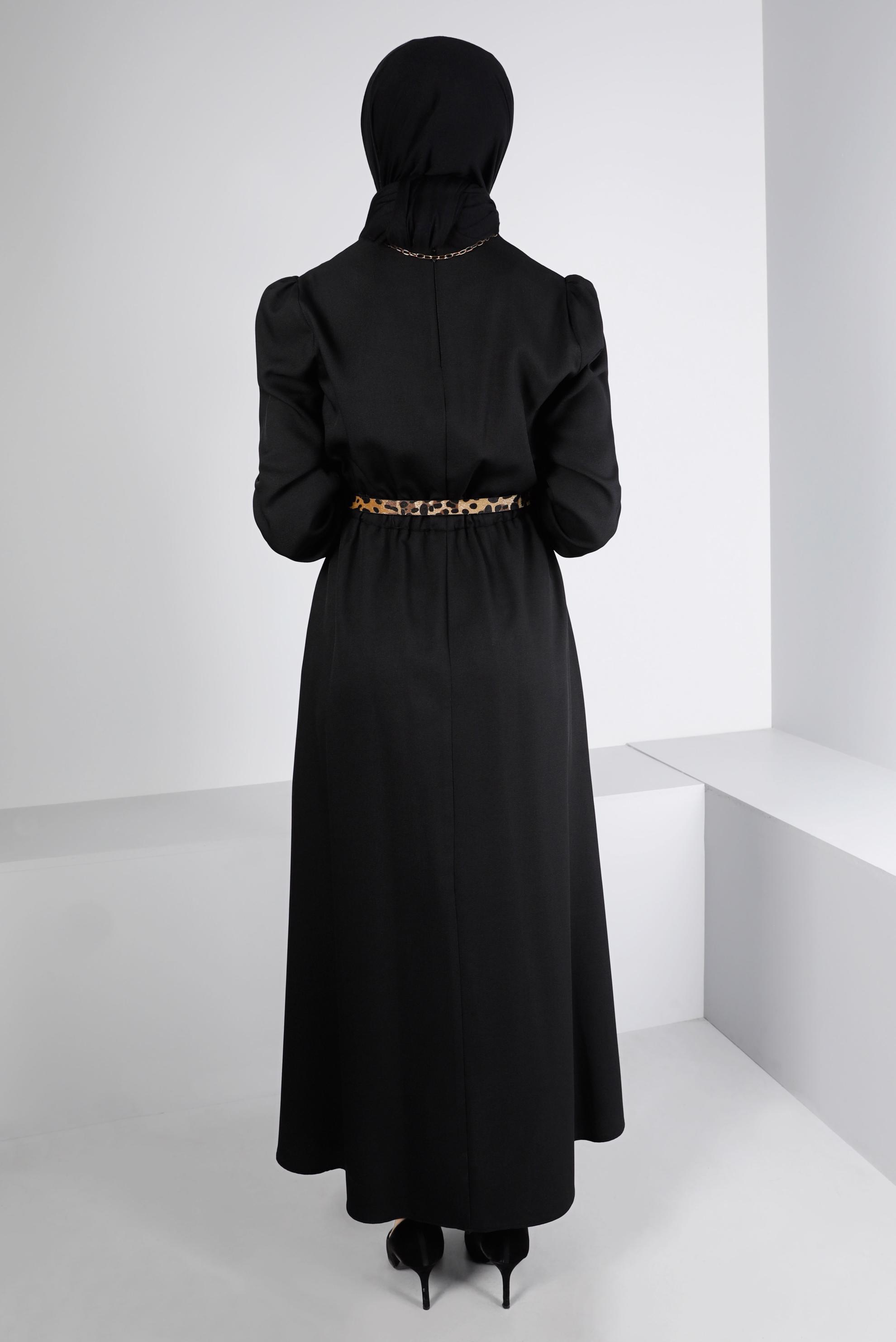 Tesettür giyim SİYAH MANŞETLERİ LASTİKLİ ELBİSE 43400