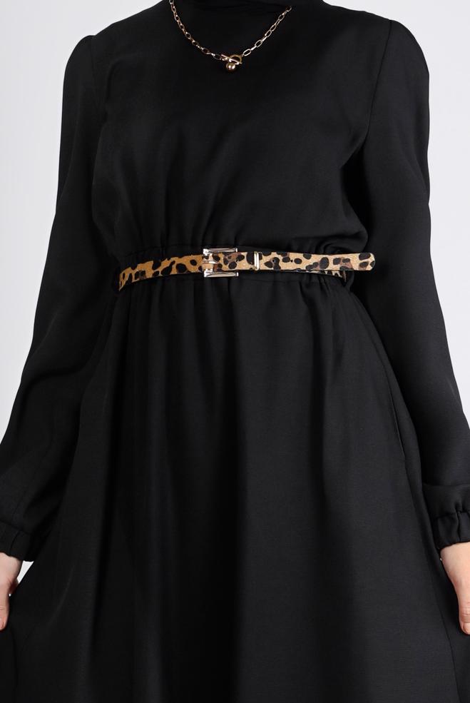 Tesettür giyim SİYAH MANŞETLERİ LASTİKLİ ELBİSE 43400 - ALVİNA