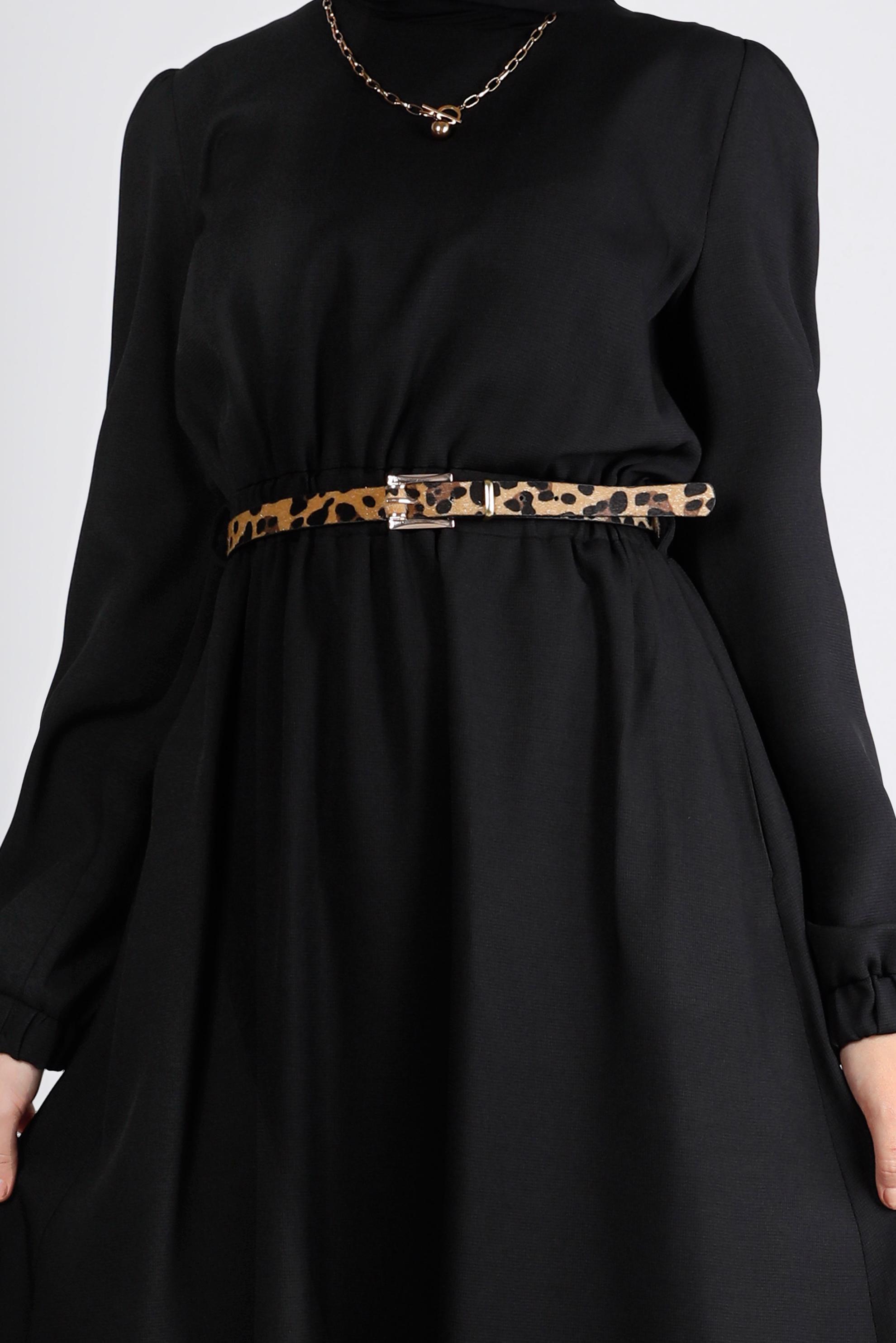 Tesettür giyim SİYAH MANŞETLERİ LASTİKLİ ELBİSE 43400