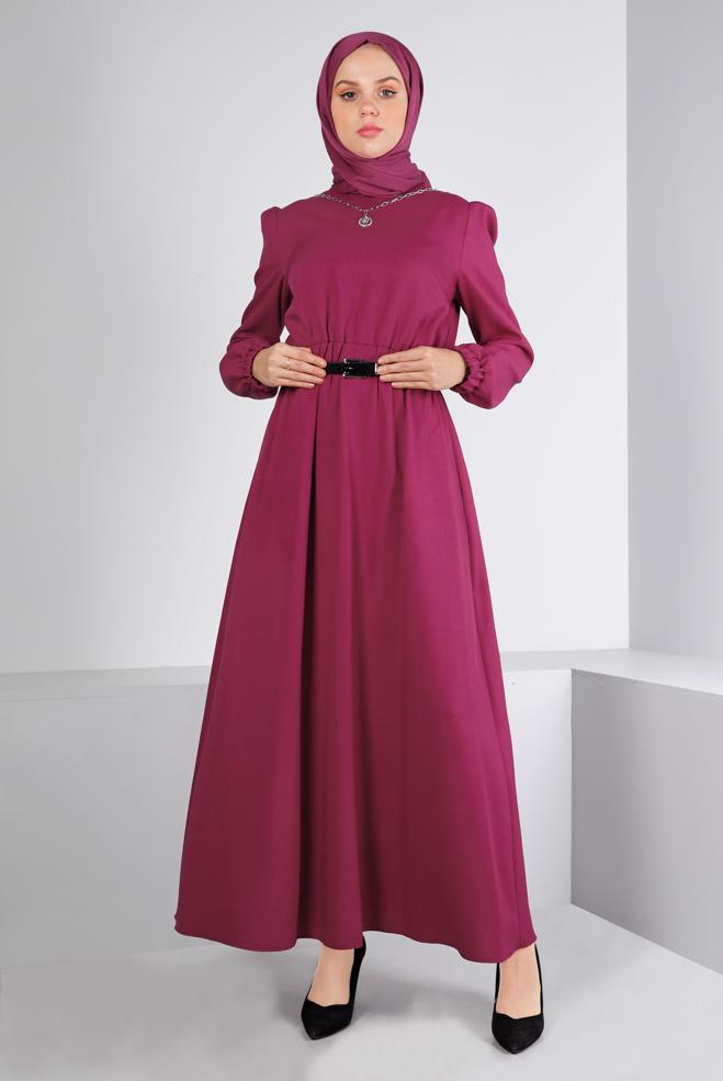 Tesettür giyim FUŞYA MANŞETLERİ LASTİKLİ ELBİSE 43400 - ALVİNA